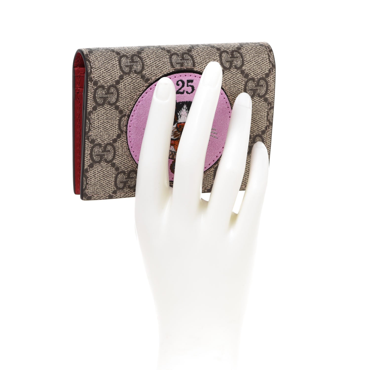 Gucci GG Supreme Monogram Bosco Patch Card Case Wallet Beige Malva Hibiscus Red 2 of 8