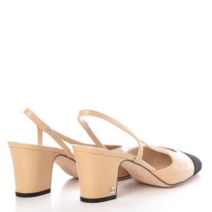 Chanel Goatskin Grosgrain Cap Toe CC Slingback Pumps 37 Beige Black 4 of 9