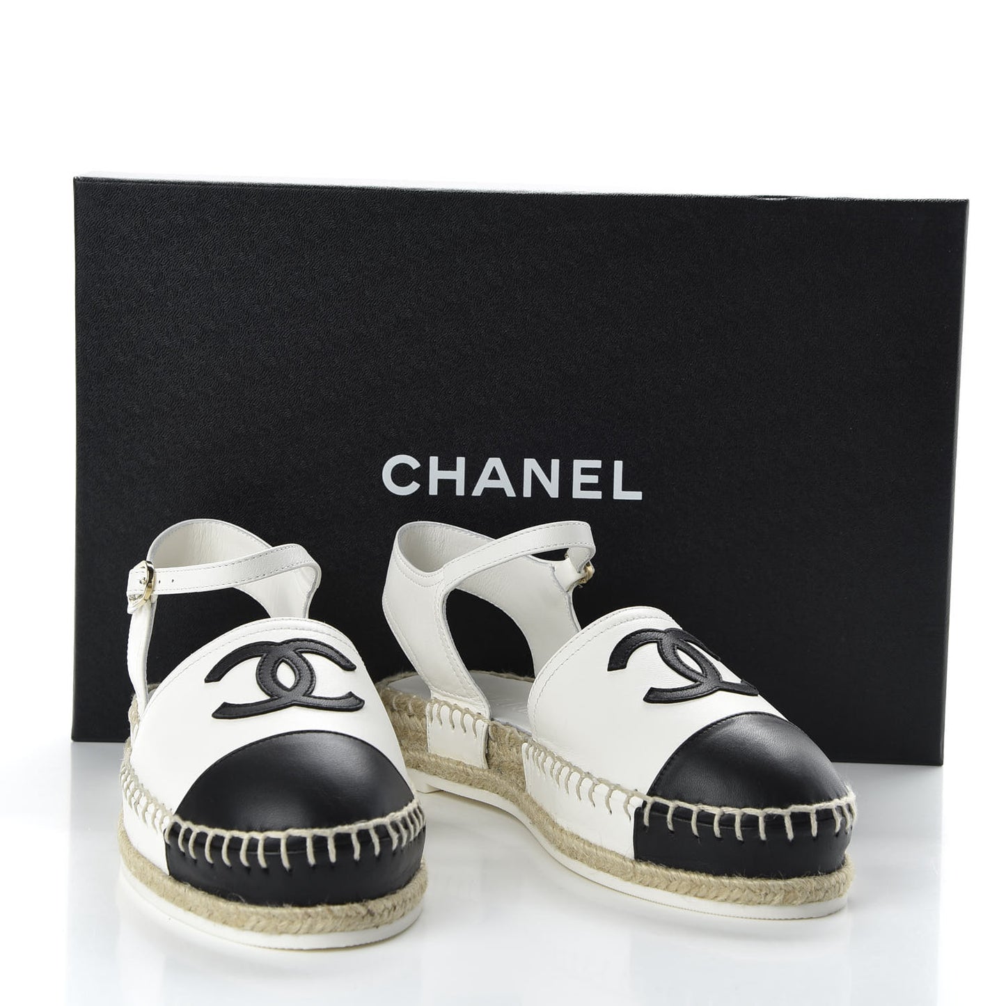 Lambskin Cap Toe CC Espadrille Sandals 35 Black White