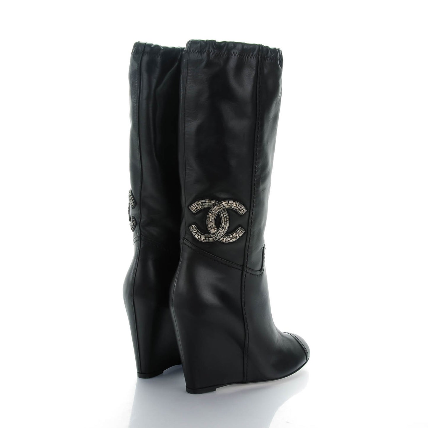Lambskin Beaded CC Wedge Boots 37.5 Black