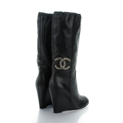 Chanel Lambskin Beaded CC Wedge Boots 37.5 Black 4 of 6