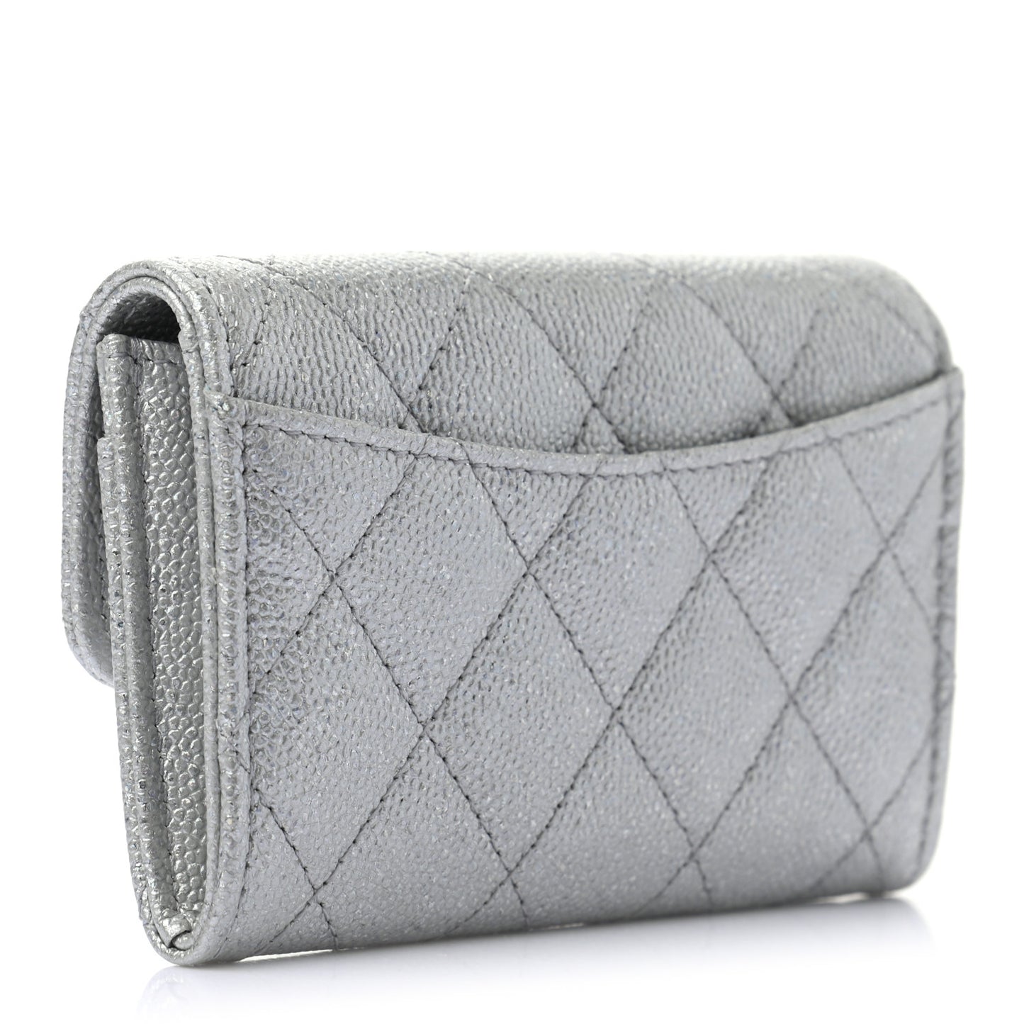 Glittered Metallic Caviar Quilted Flap Card Holder Wallet Silver