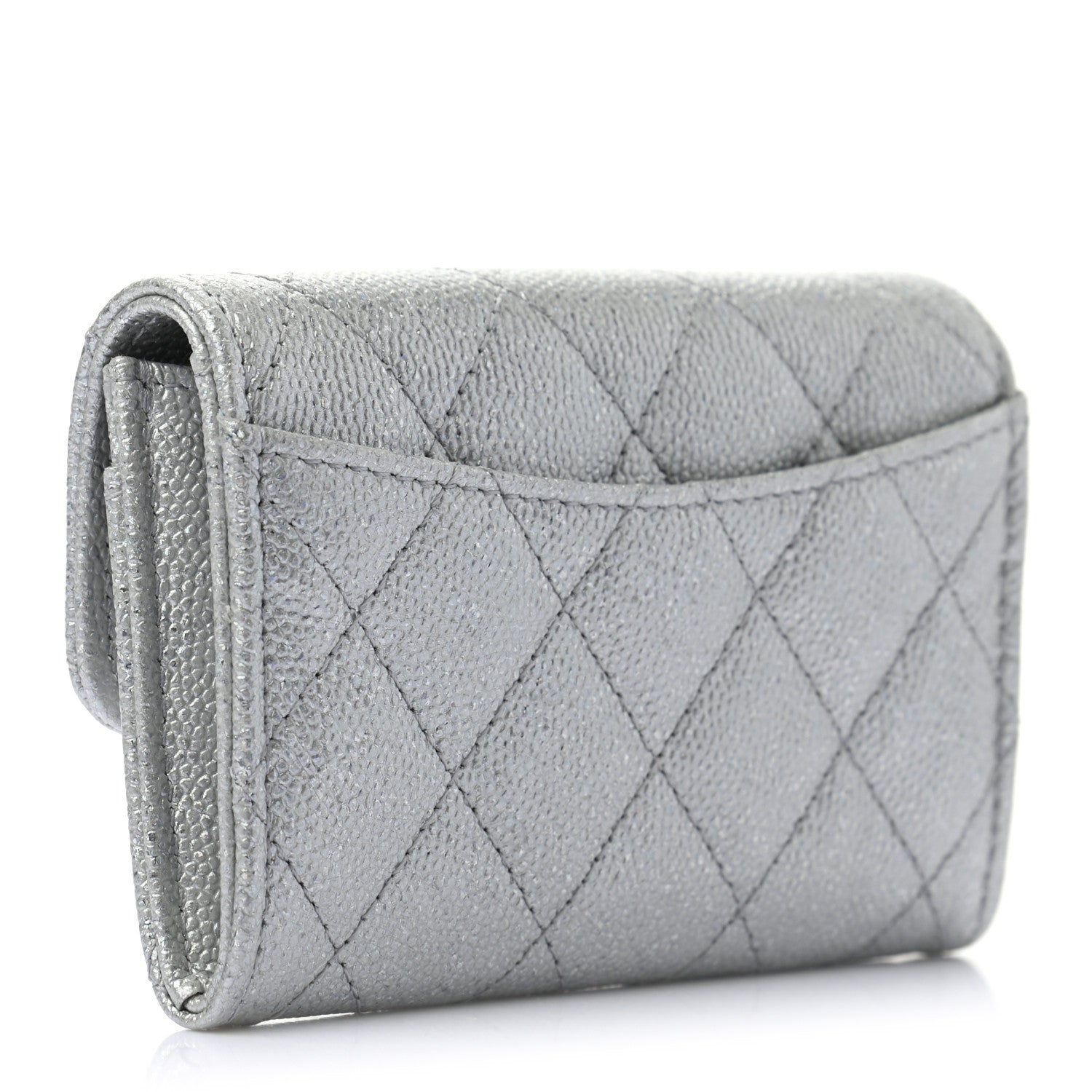 Chanel Glittered Metallic Caviar Quilted Flap Card Holder Wallet Silver 3 of 8