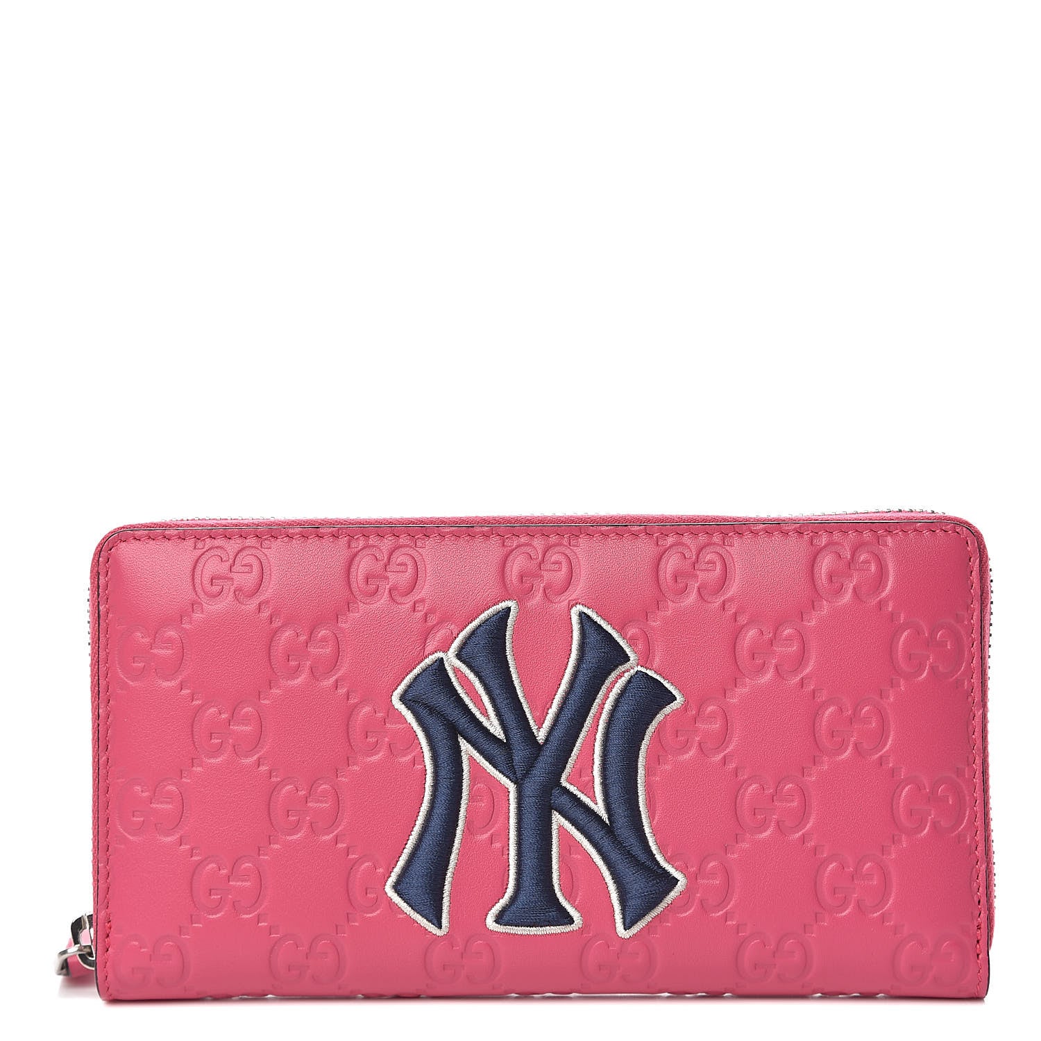 Gucci X MLB Guccissima Signature NY Yankees Embroidered Zip Around Wallet Box Pink Blue Ivory 1 of 9