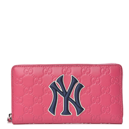 Gucci X MLB Guccissima Signature NY Yankees Embroidered Zip Around Wallet Box Pink Blue Ivory 1 of 9