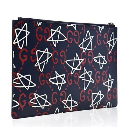 Gucci Calfskin GucciGhost Print Pouch Blue Agata Hibiscus Red 3 of 9