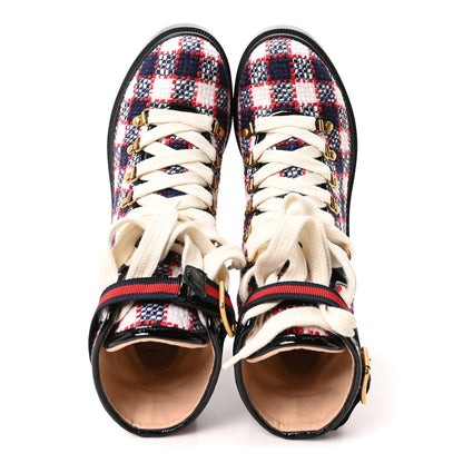 Gucci Vintage Tweed Check Lace Up Combat Ankle Boots 39 White Hibiscus Red Marine 2 of 10
