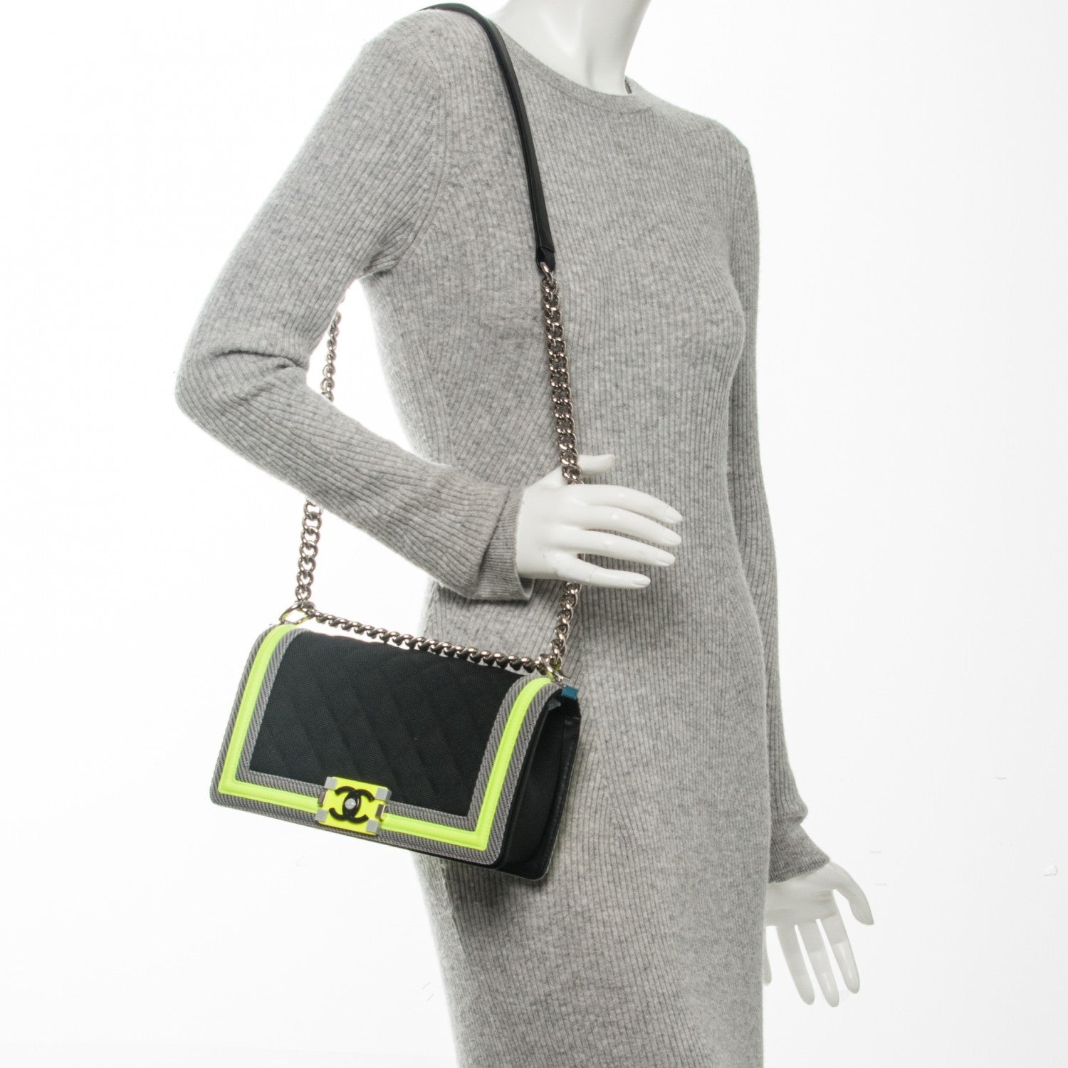 Chanel Canvas Quilted Medium Fluo Boy Flap Black Grey Yellow 2 of 7