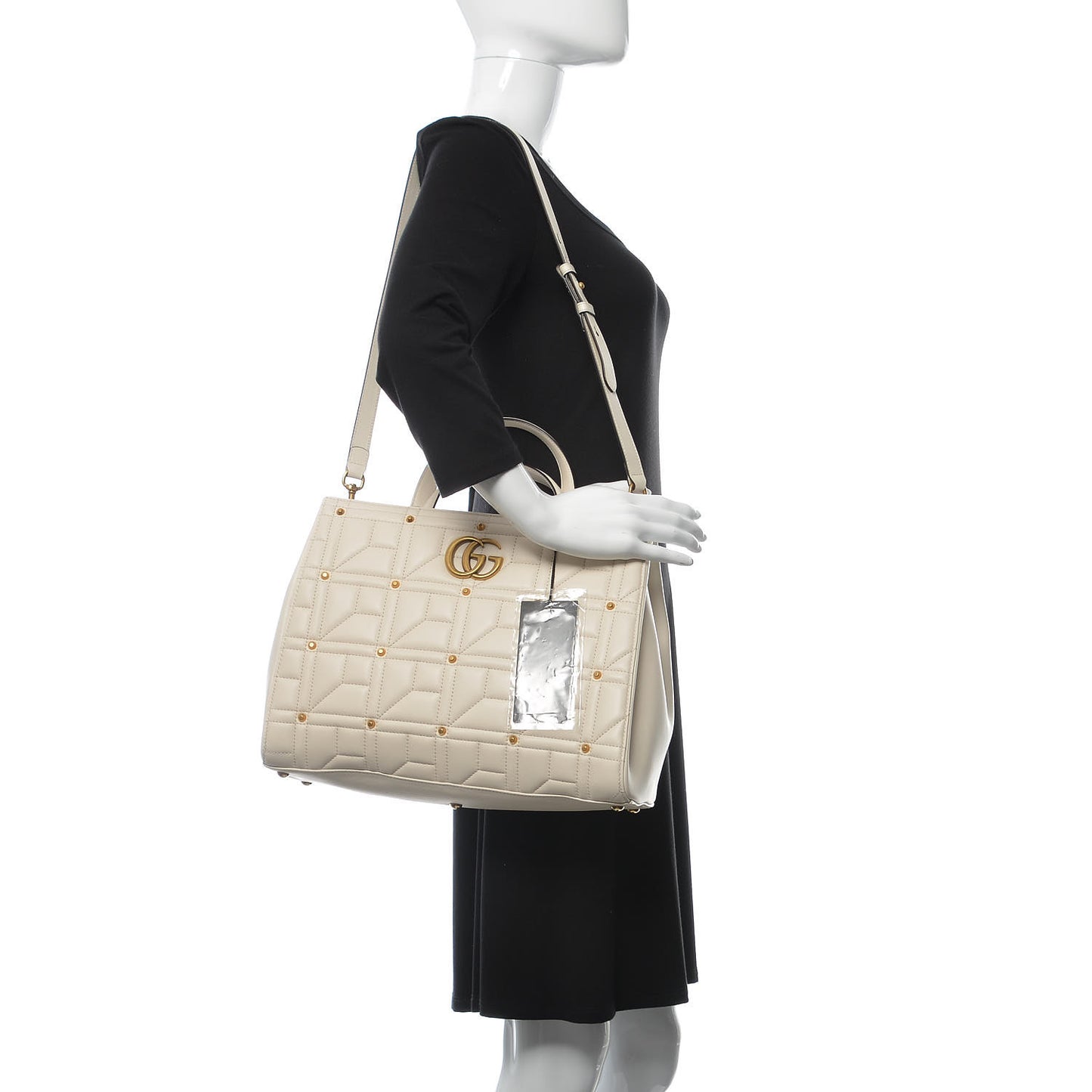 Calfskin Matelasse Studded Medium GG Marmont Tote White