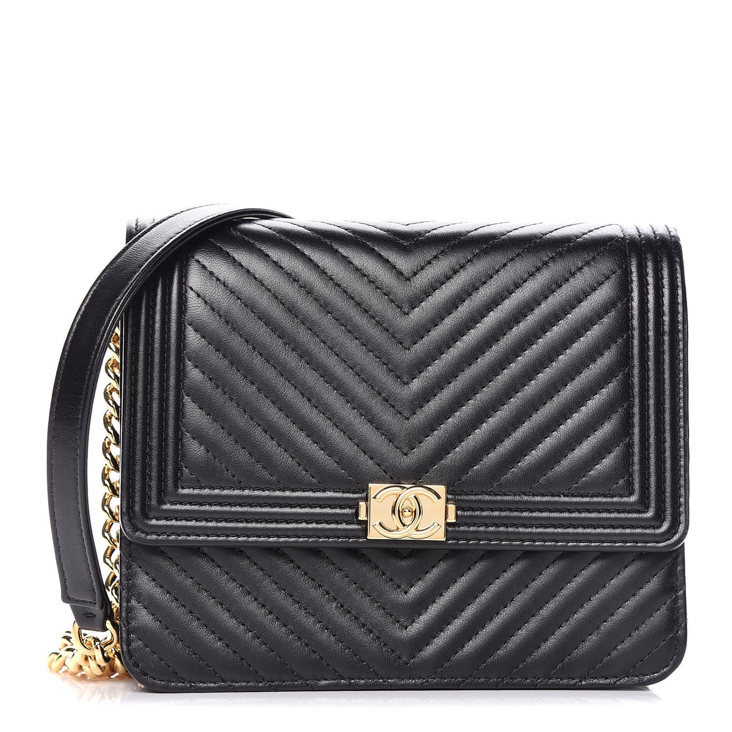 Lambskin Chevron Quilted Boy Square Wallet on Chain WOC Black