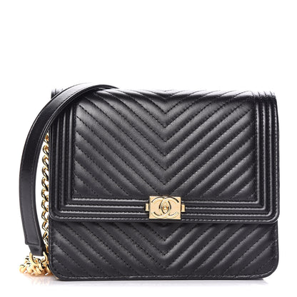 Chanel Lambskin Chevron Quilted Boy Square Wallet on Chain WOC Black 1 of 12