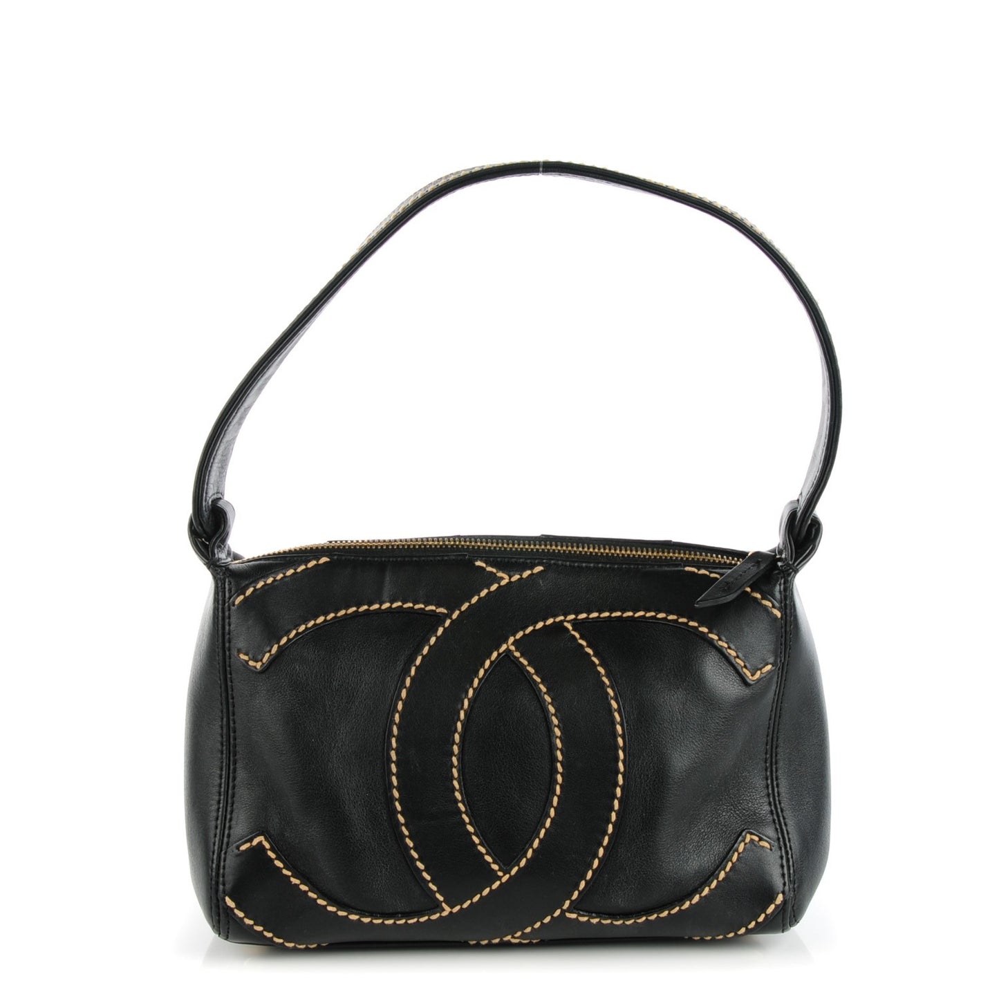 Calfskin Small CC Stitched Shoulder Bag Black