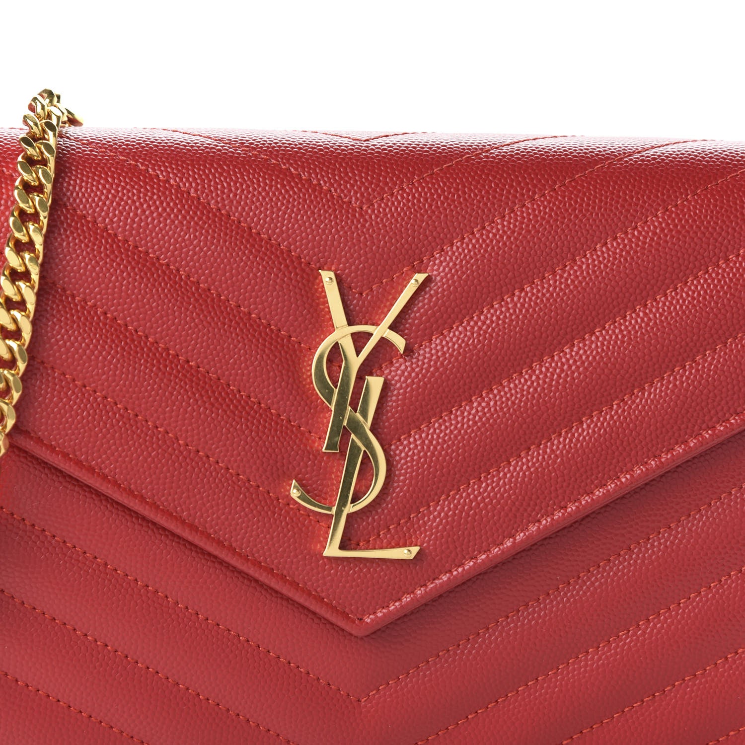 Saint Laurent Grain De Poudre Matelasse Chevron Monogram Chain Wallet Red 9 of 10