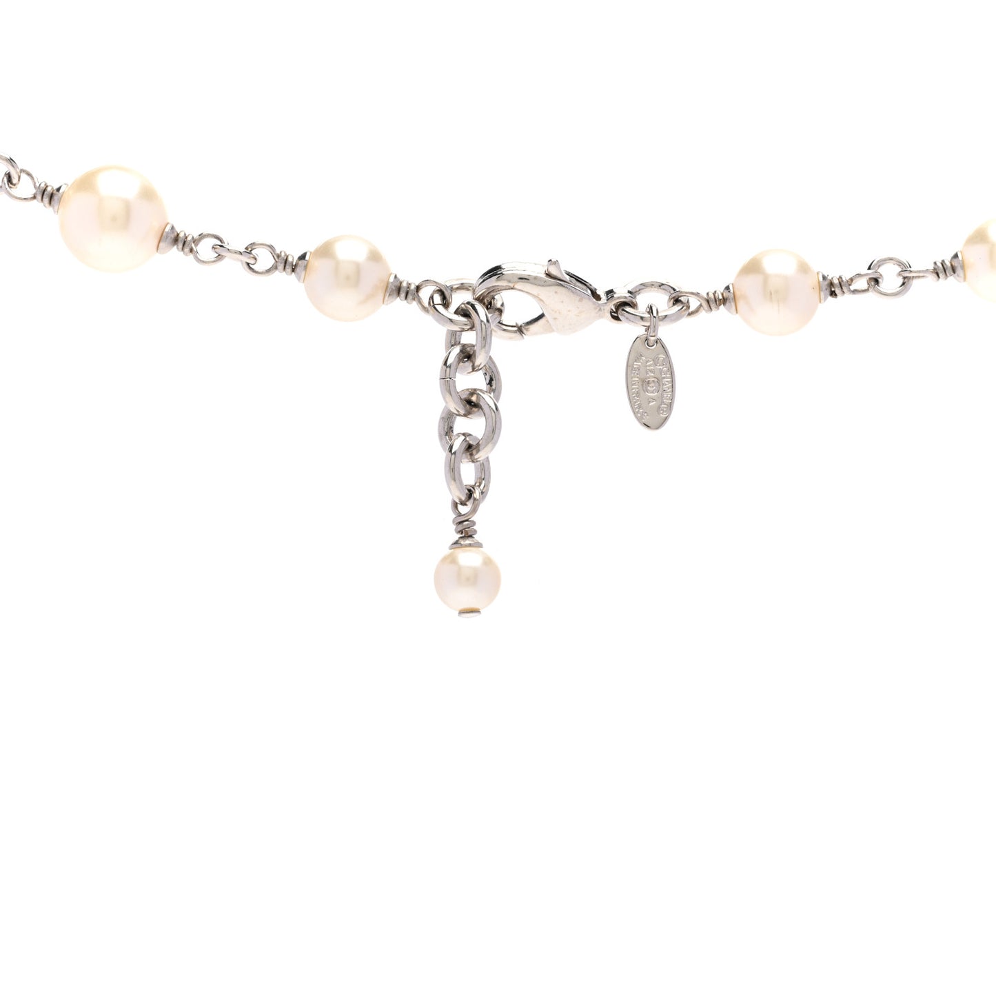 Graduated Pearl Crystal CC Long Necklace Silver