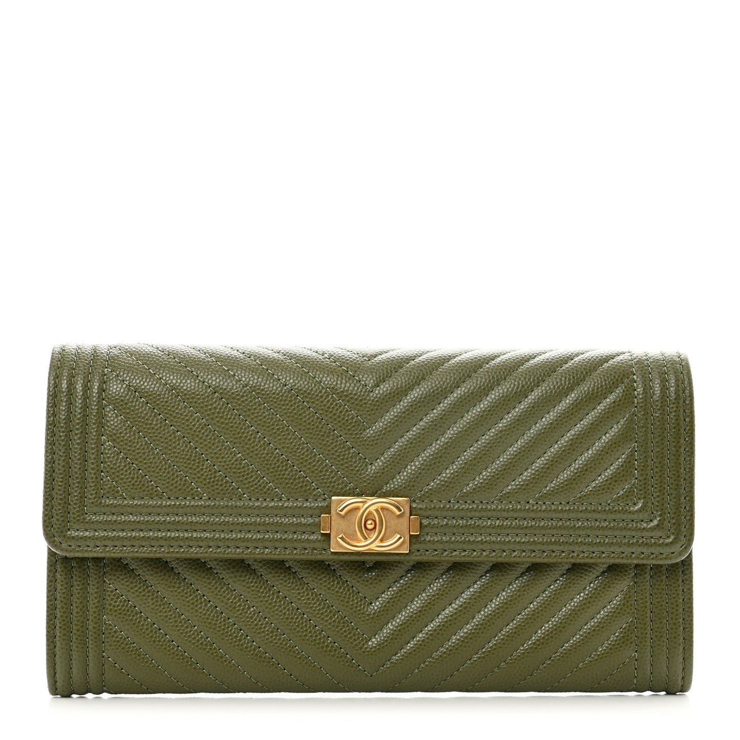 Caviar Chevron Quilted Boy Flap Wallet Green