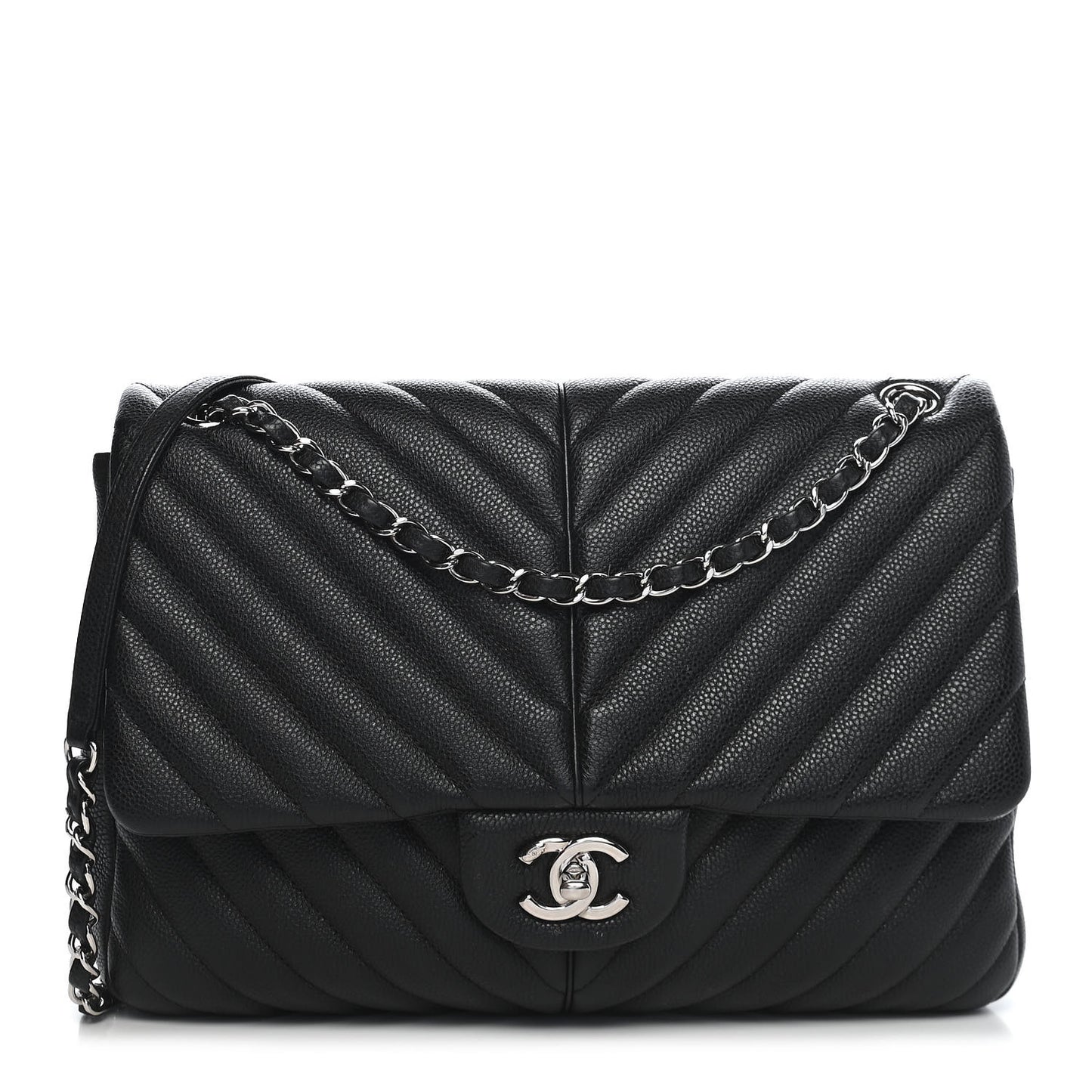 Caviar Chevron Quilted Large Puffy CC Flap Black