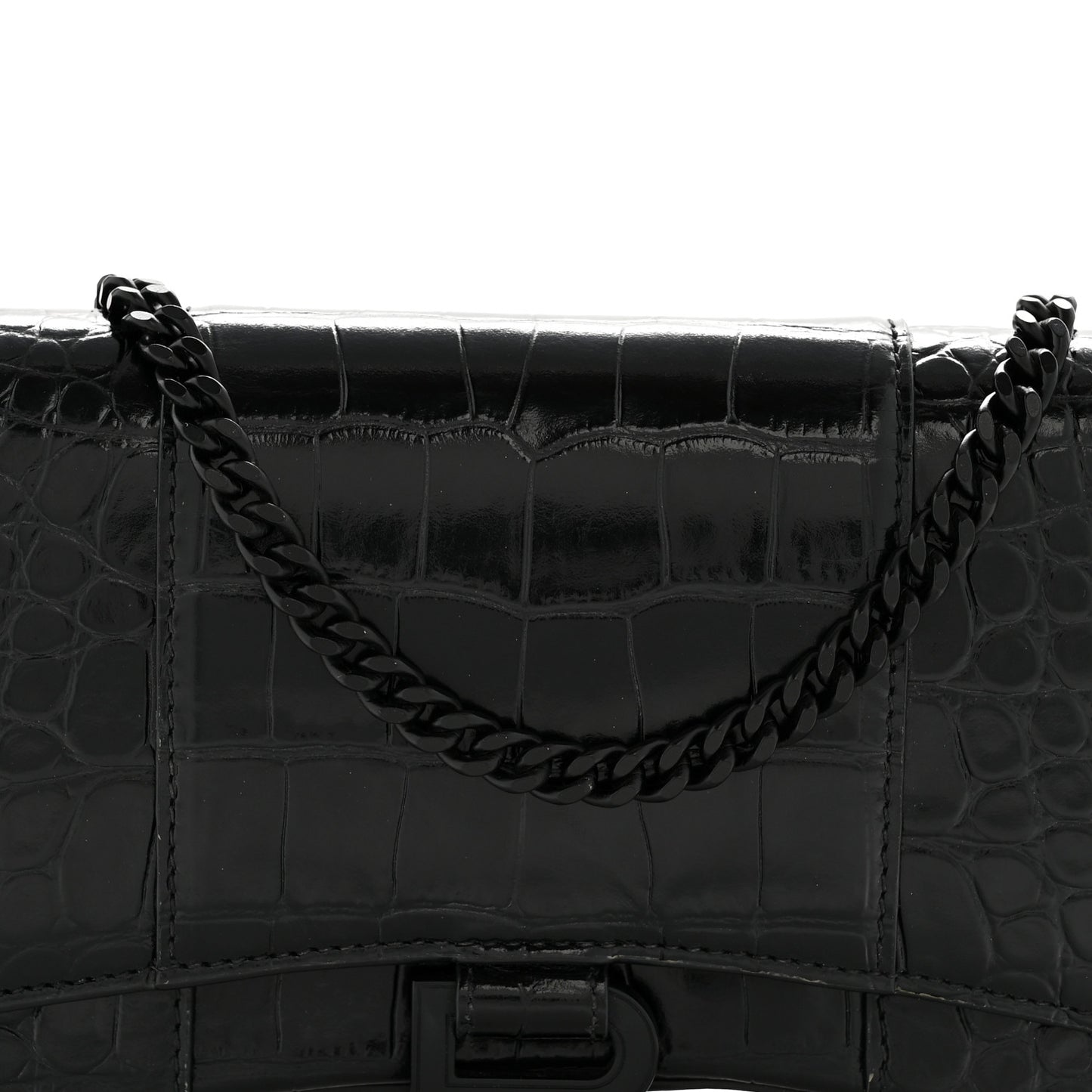 Shiny Calfskin Monochrome Crocodile Embossed Hourglass Chain Bag Black