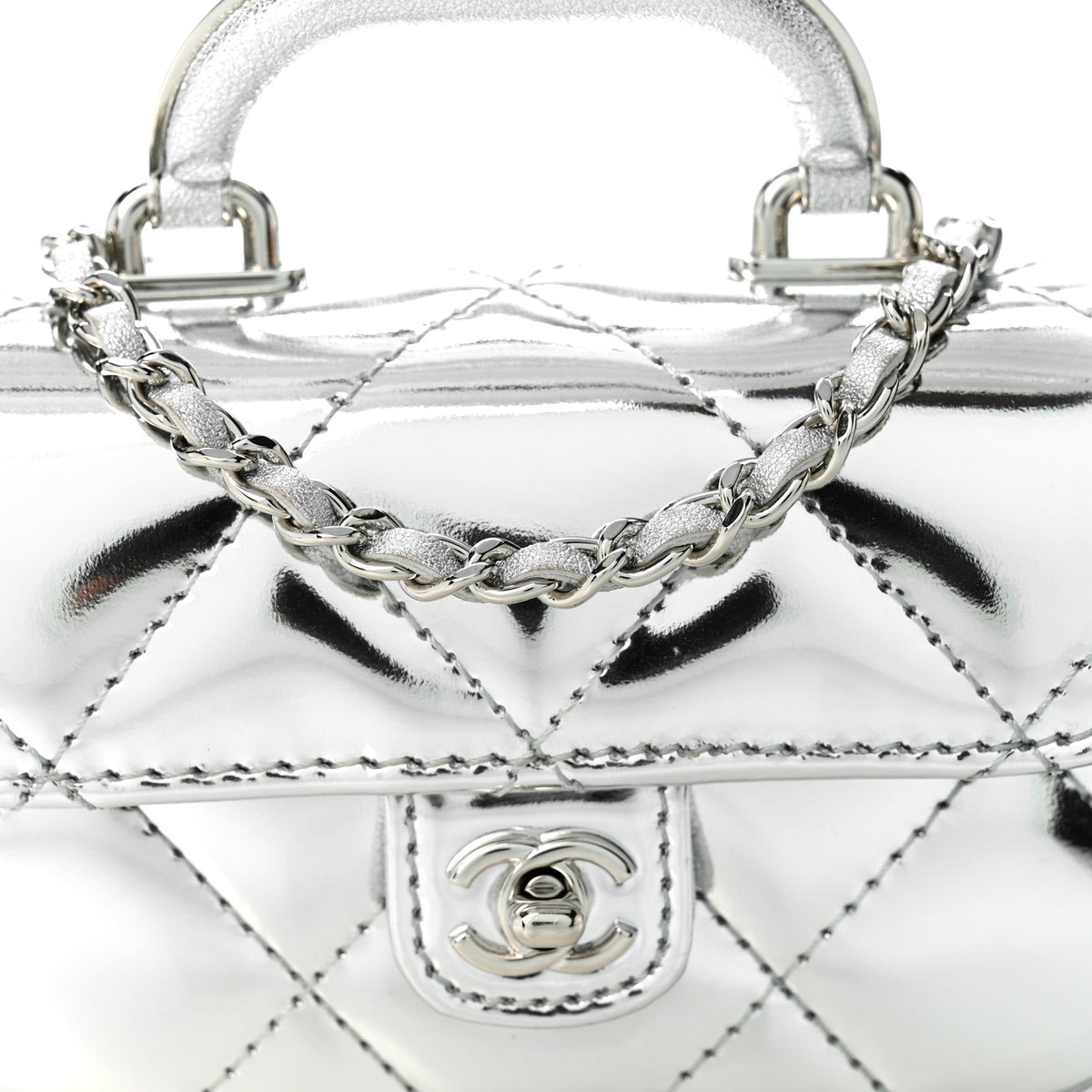 Mirror Calfskin Small Top Handle Clutch With Chain Silver