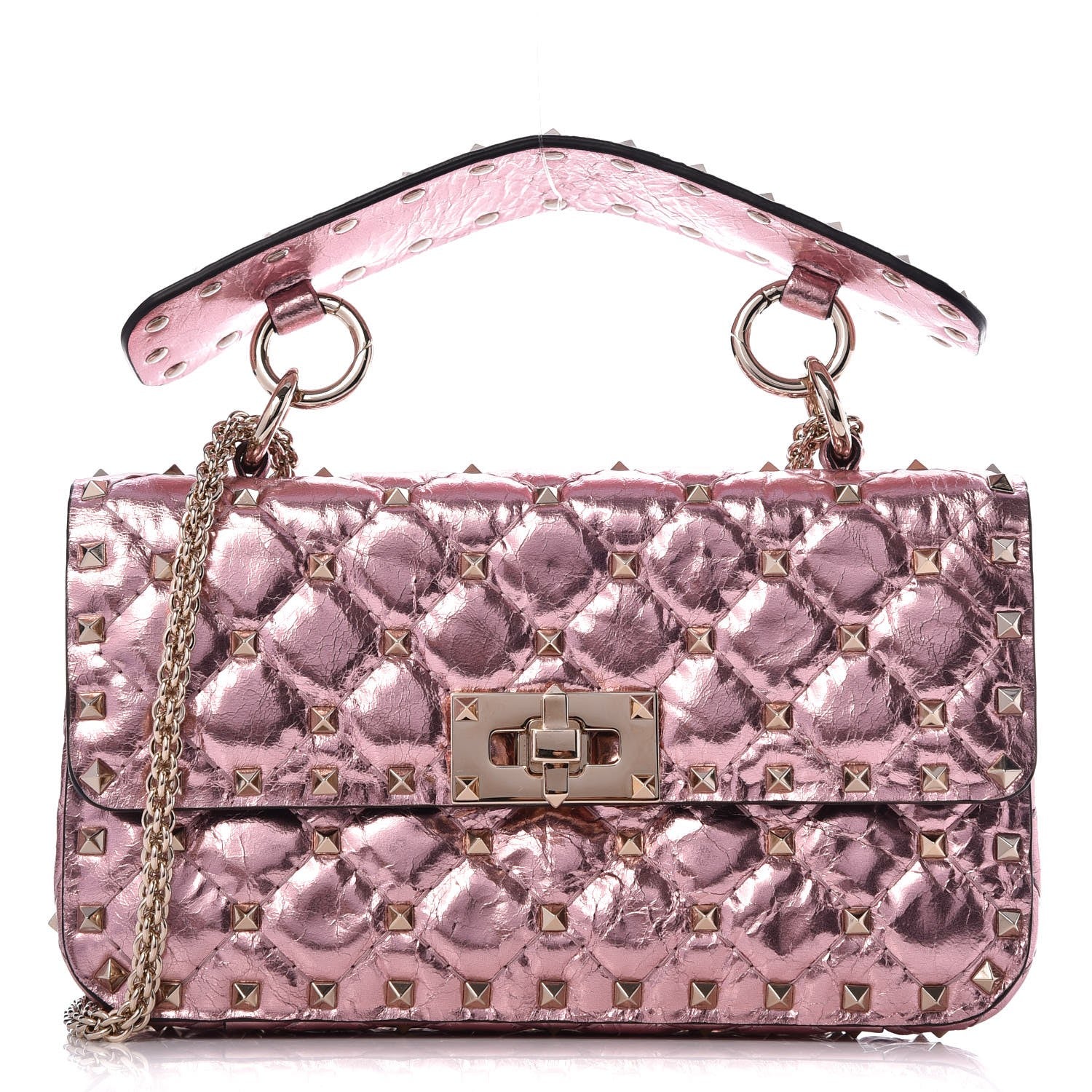 Valentino Garavani Metallic Wrinkled Lambskin Small Rockstud Spike Shoulder Bag Lipstick 1 of 8