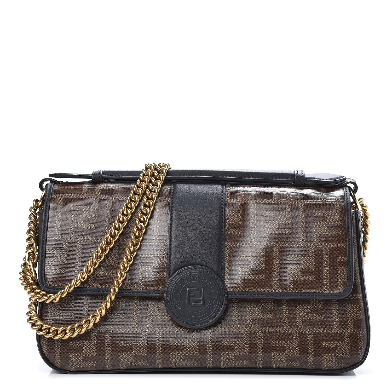 Fendi Vitello Grace Glazed Fabric FF 1974 Double F Shoulder Bag Black Mogano Panna 1 of 12