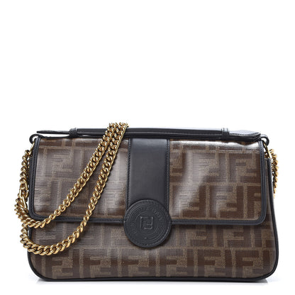 Fendi Vitello Grace Glazed Fabric FF 1974 Double F Shoulder Bag Black Mogano Panna 1 of 12