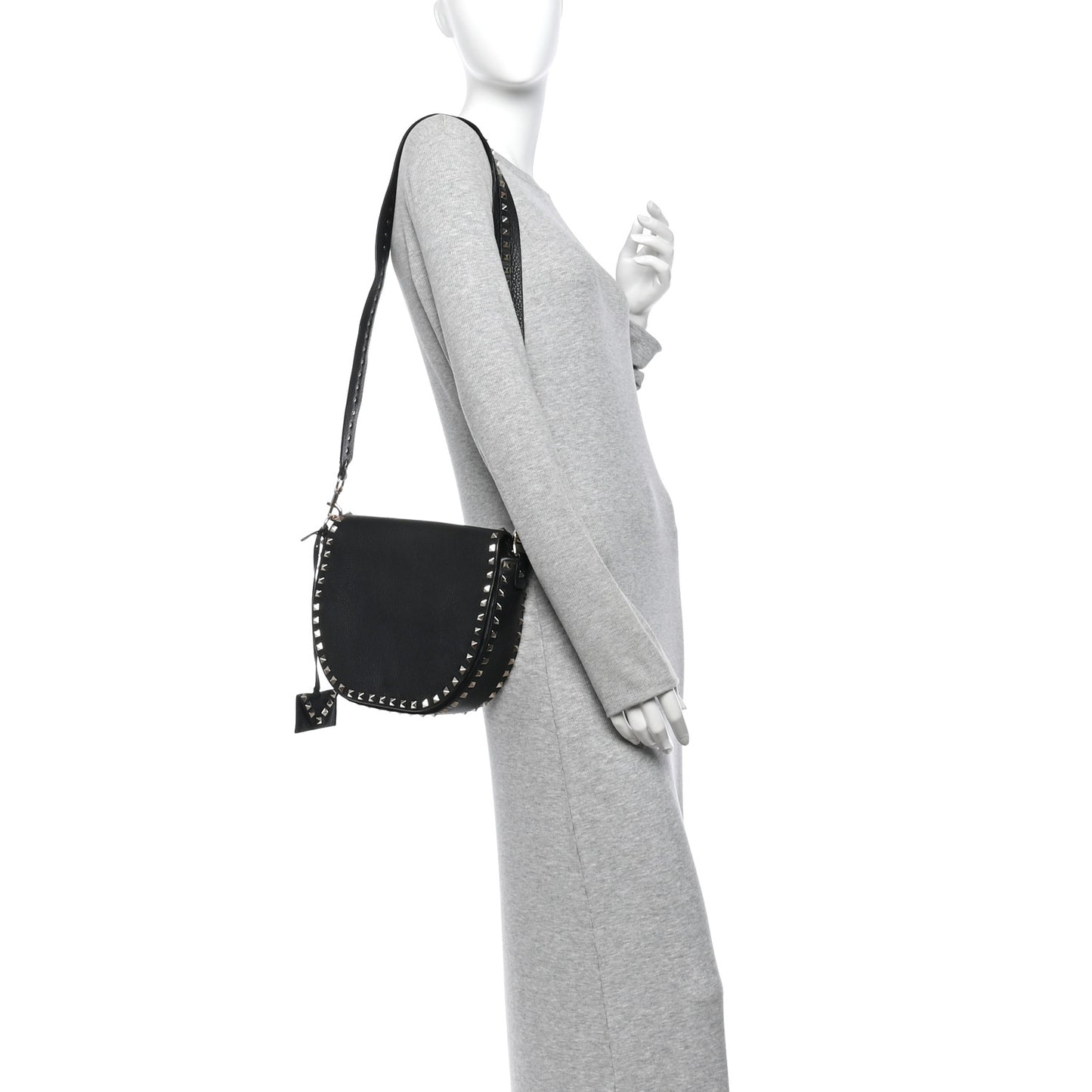 Grained Calfskin Rockstud Saddle Bag Black