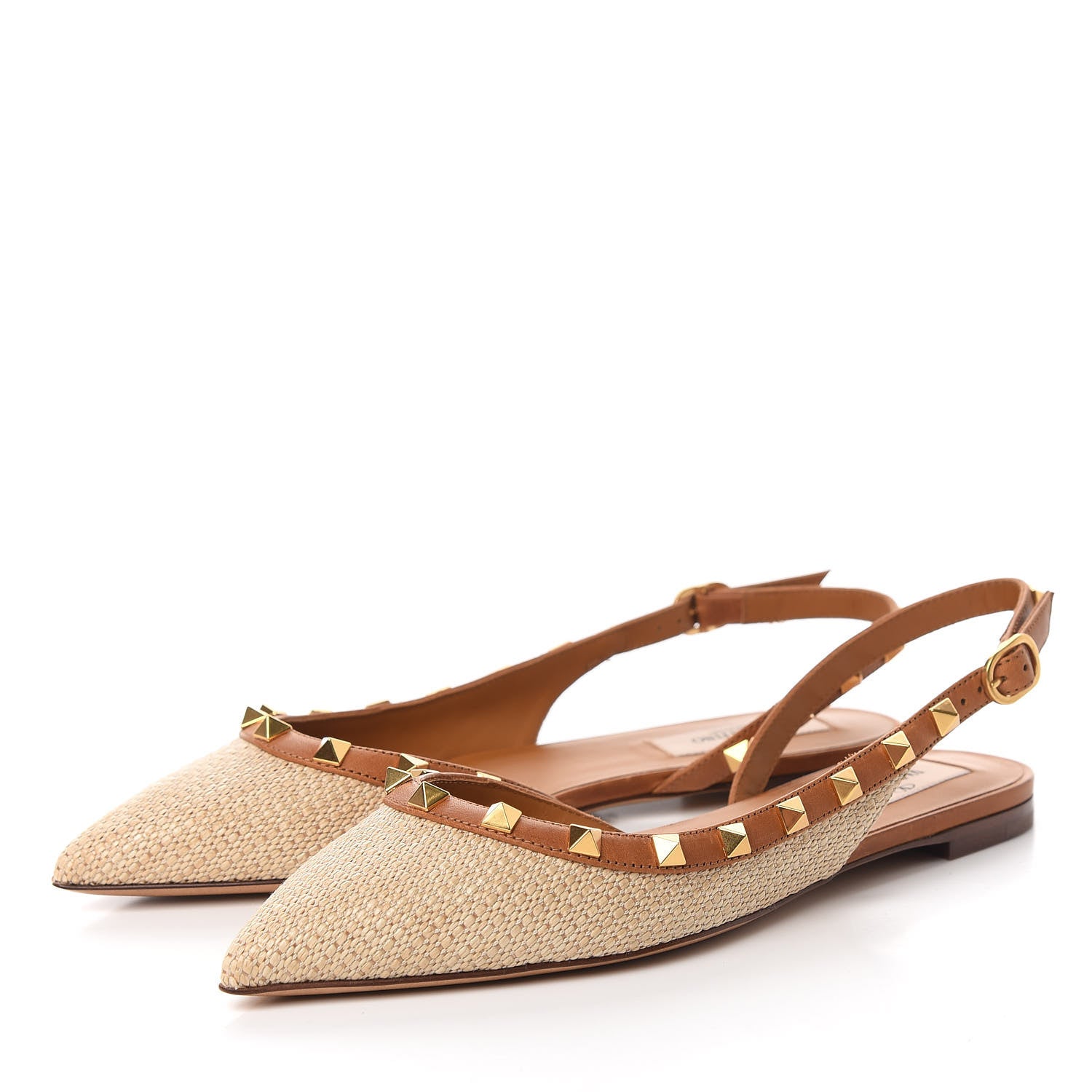 Valentino Garavani Raffia Calfskin Rockstud Slingback Flats 36 Naturale 3 of 9