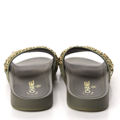 Chanel Canvas Chain Flat Sandals 38 Khaki 5 of 10
