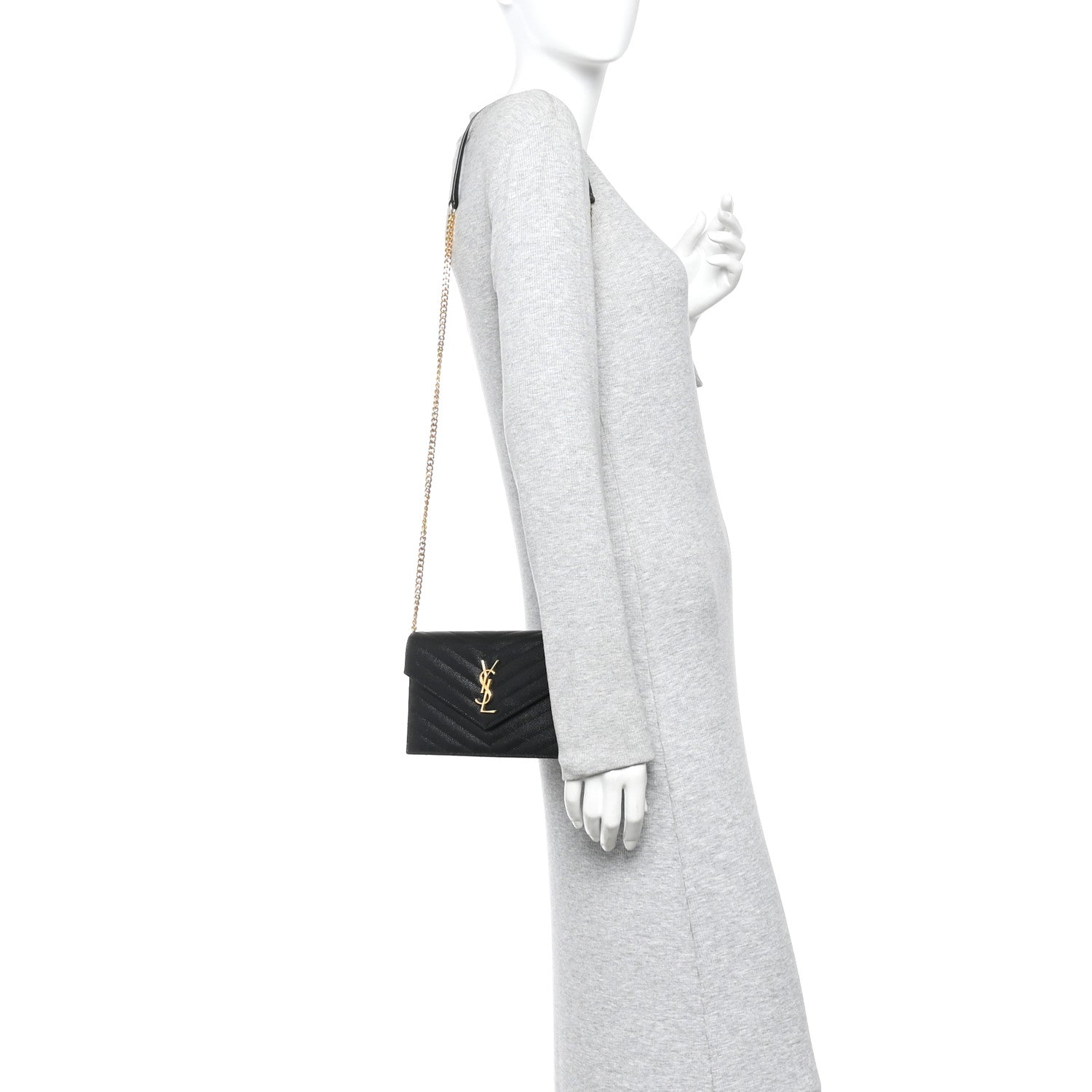 Saint Laurent Grain De Poudre Matelasse Chevron Monogram Envelope Chain Wallet Black 2 of 14