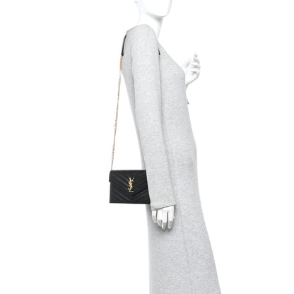 Saint Laurent Grain De Poudre Matelasse Chevron Monogram Envelope Chain Wallet Black 2 of 14