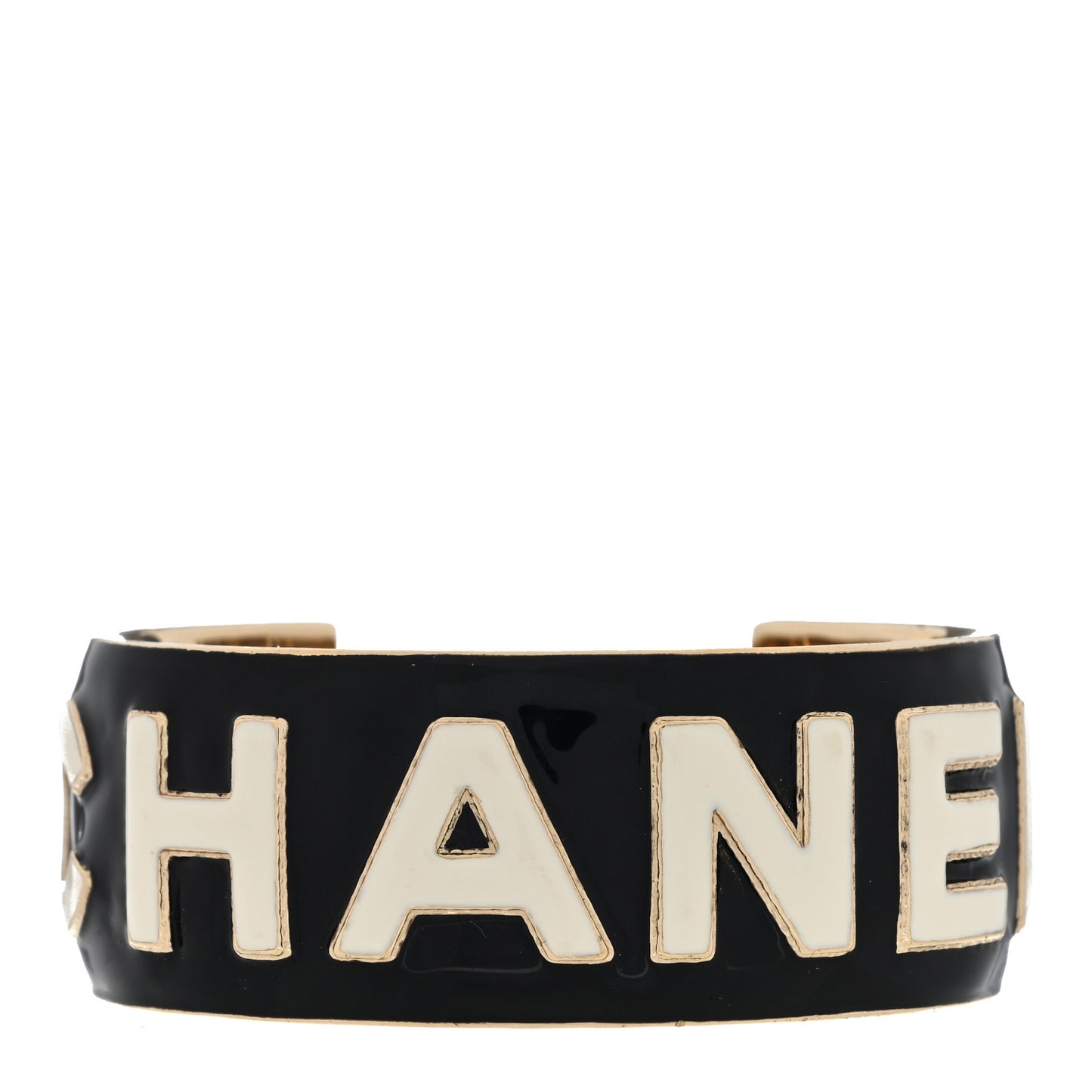 Metal Enamel Wide Chanel Logo Cuff Bracelet M Black White