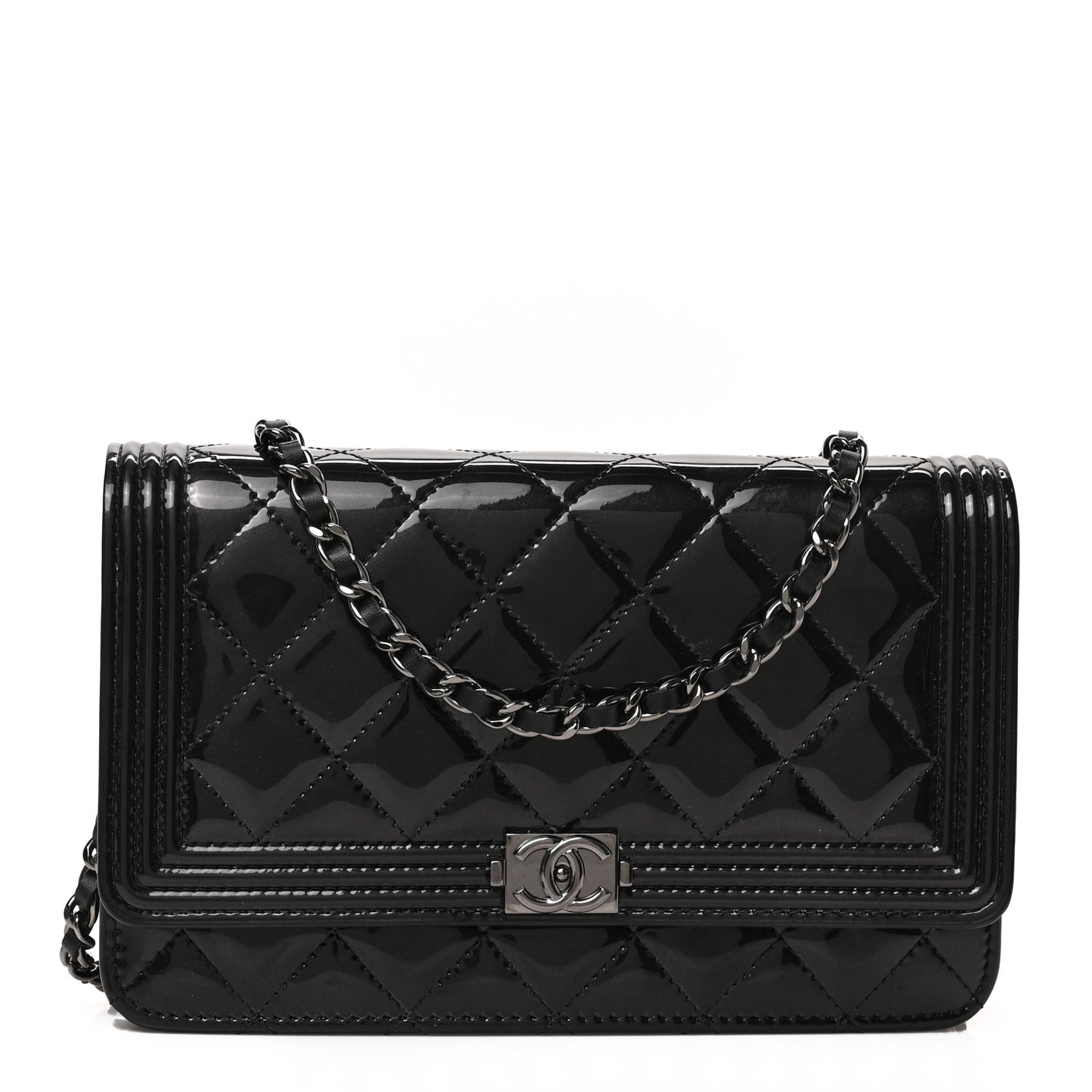 Patent Calfskin Quilted Boy Wallet On Chain WOC Black