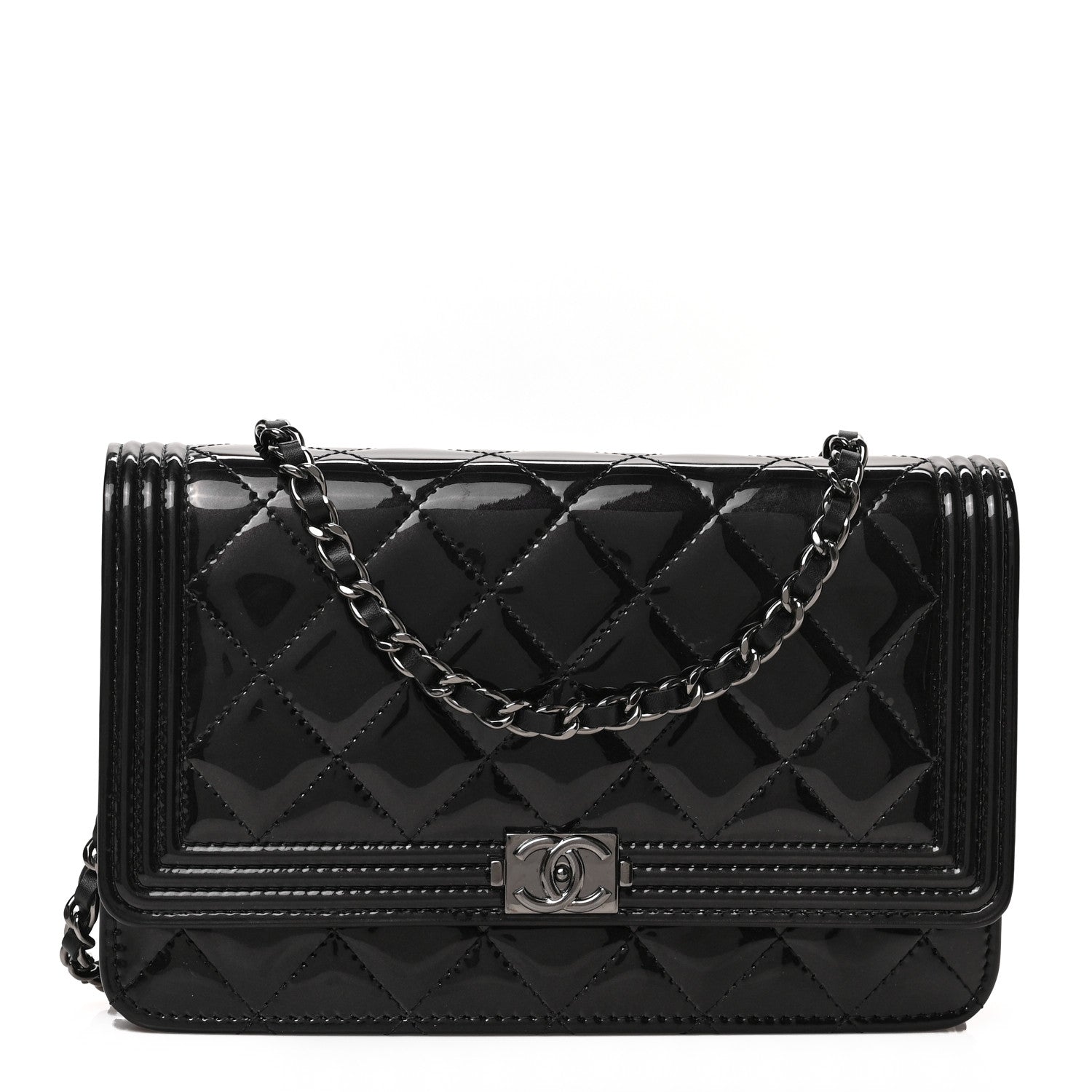 Chanel Patent Calfskin Quilted Boy Wallet On Chain WOC Black 1 of 10