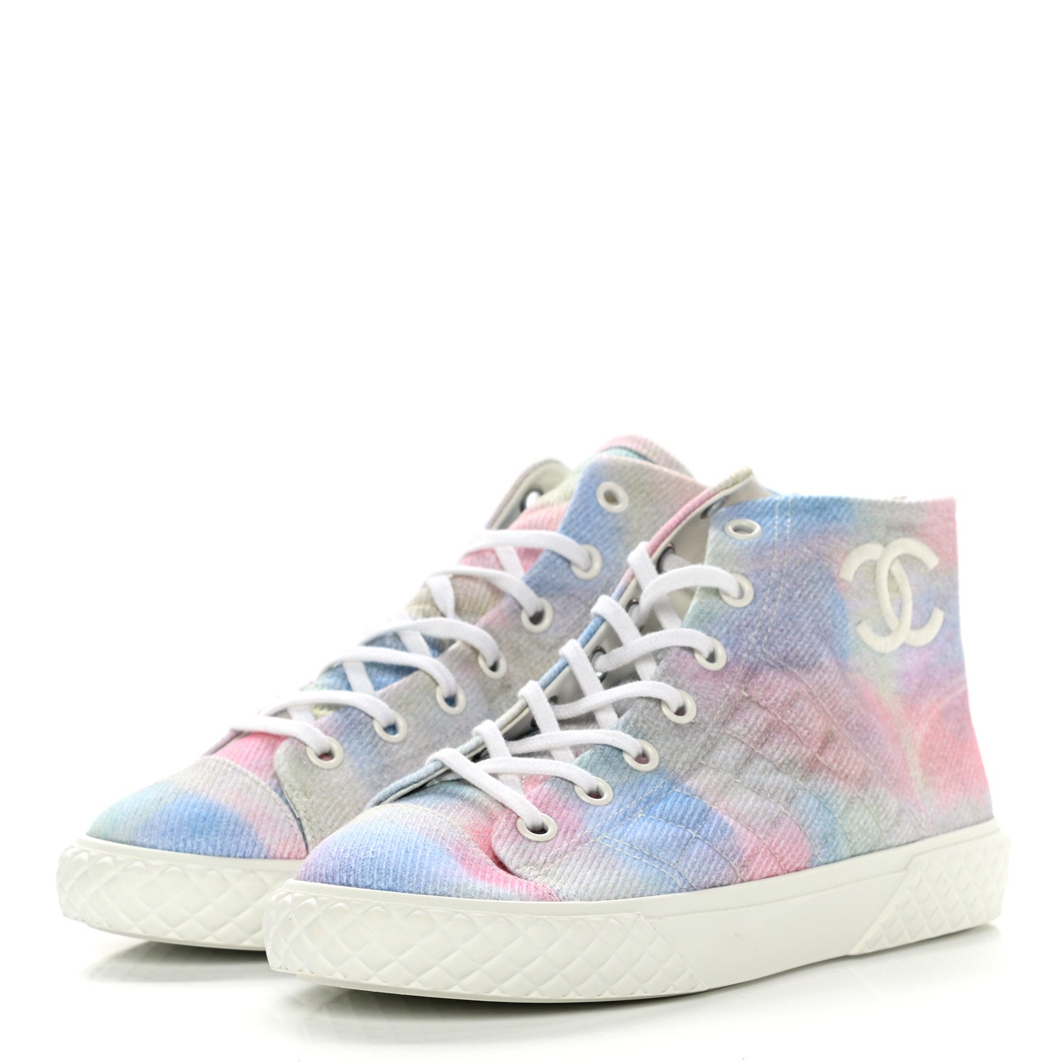 Chanel Printed Fabric Quilted High Top Sneakers 41 Green Pink Blue 3 of 8