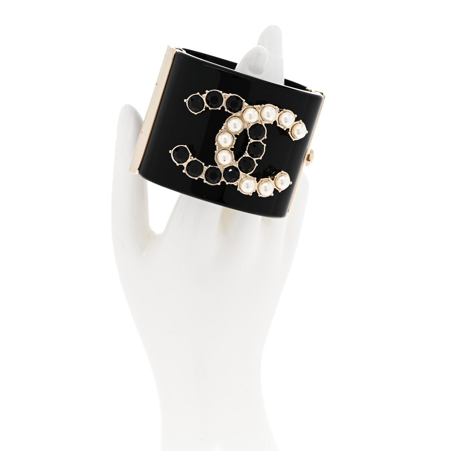 Chanel Resin Crystal Pearl CC Cuff Black 2 of 6