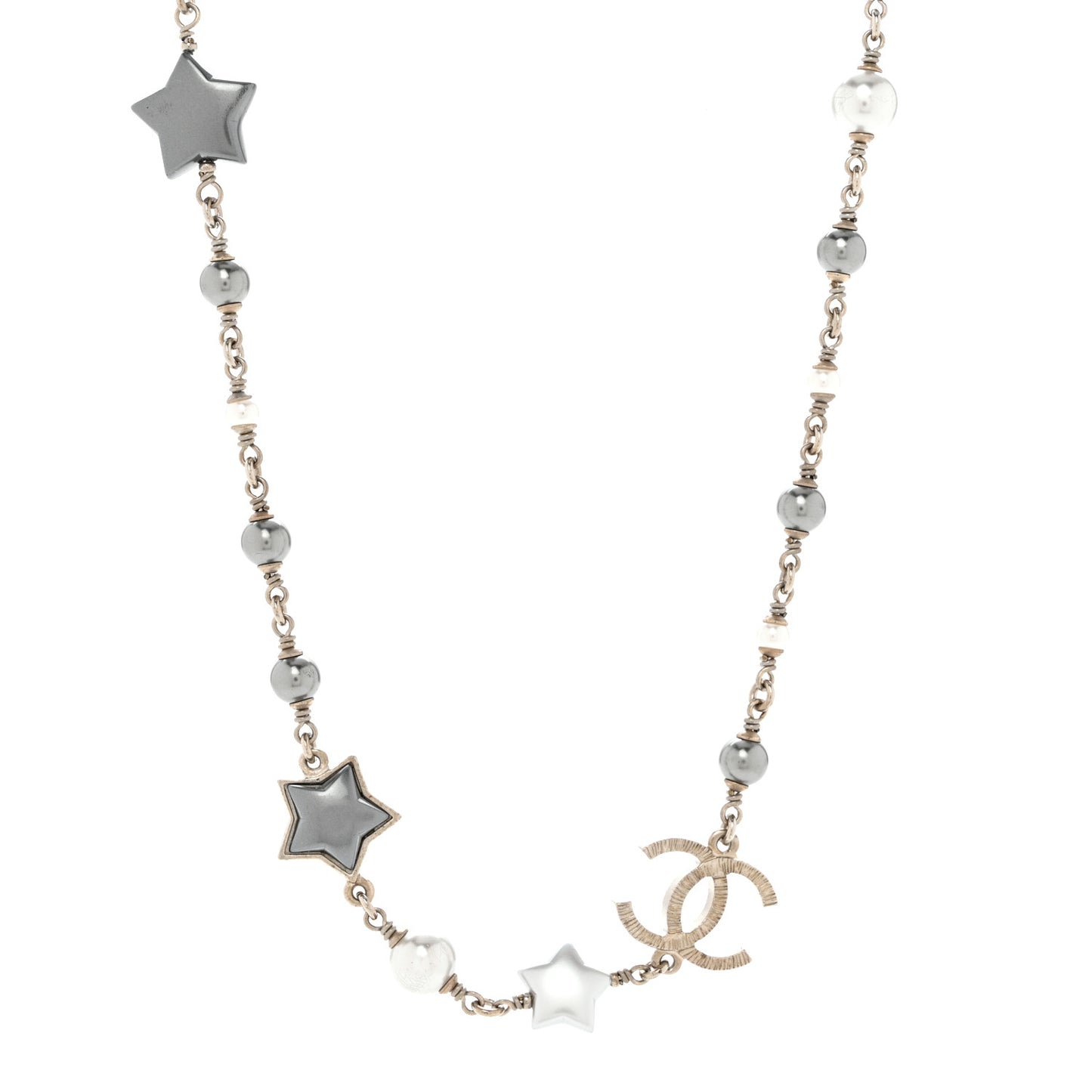 Metal Resin Pearl Star CC Necklace Silver