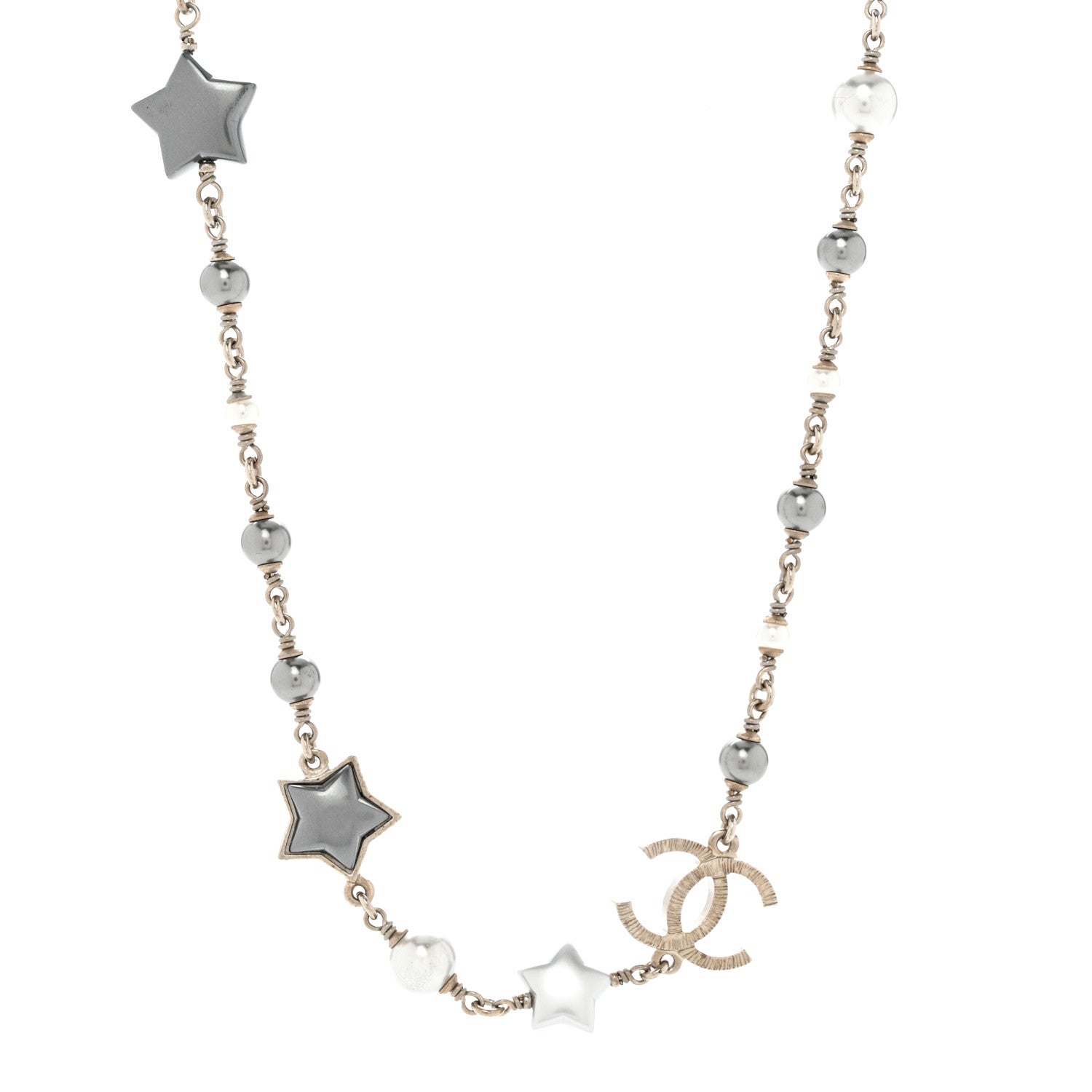 Chanel Metal Resin Pearl Star CC Necklace Silver 1 of 7