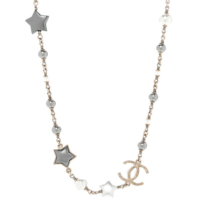 Chanel Metal Resin Pearl Star CC Necklace Silver 1 of 7