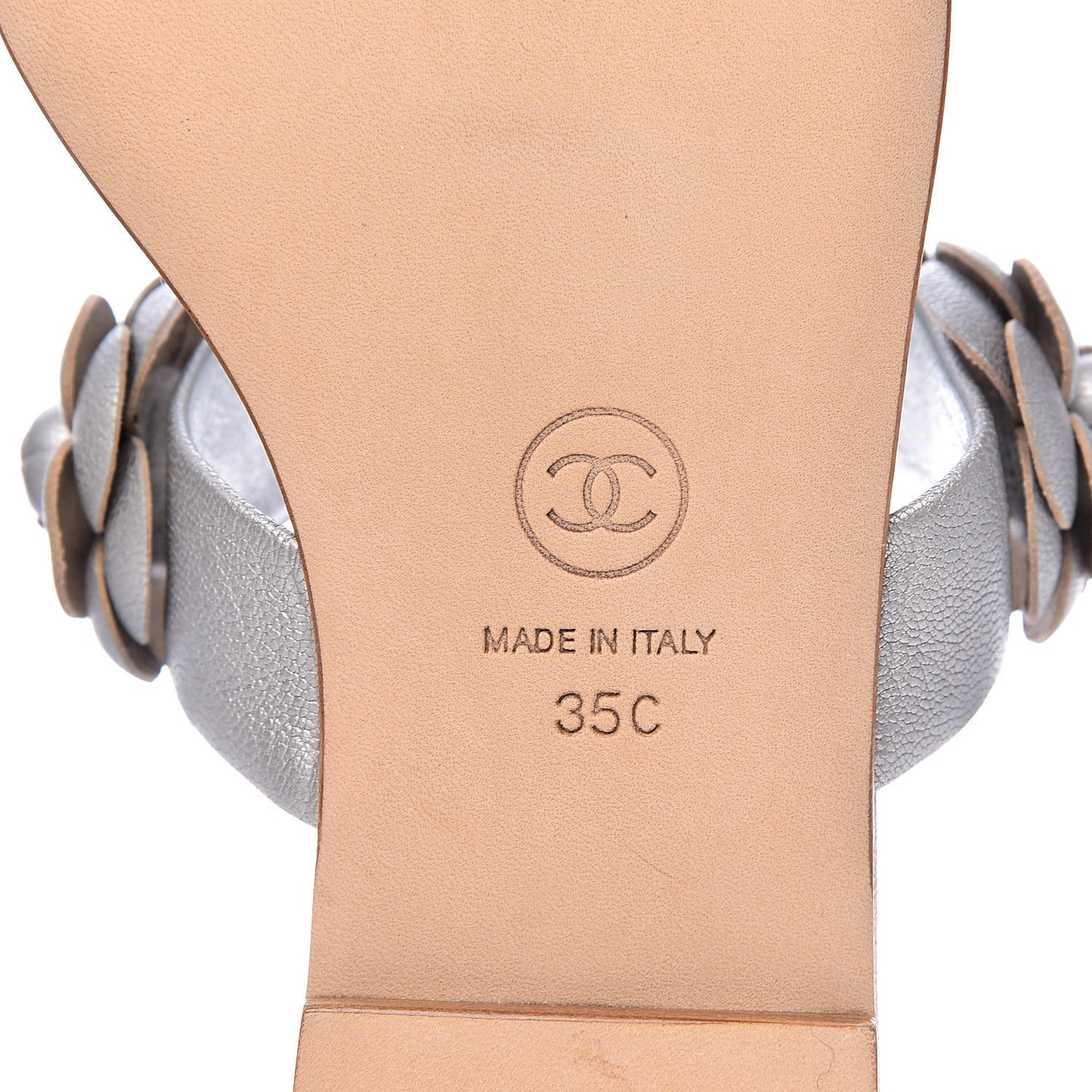 Metallic Lambskin Camellia Slide Sandals 35 Silver