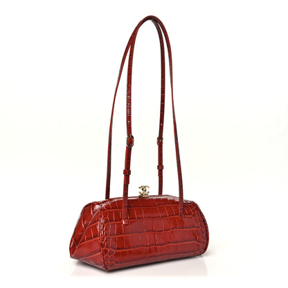 Chanel Calfskin Crocodile Embossed Pretty CC Clutch With Strap Bordeaux 3 of 11