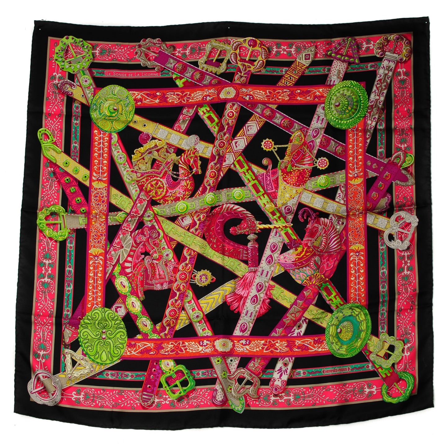 Silk Le Songe De La Licorne Scarf 90 Black Fuchsia Vert Fluo