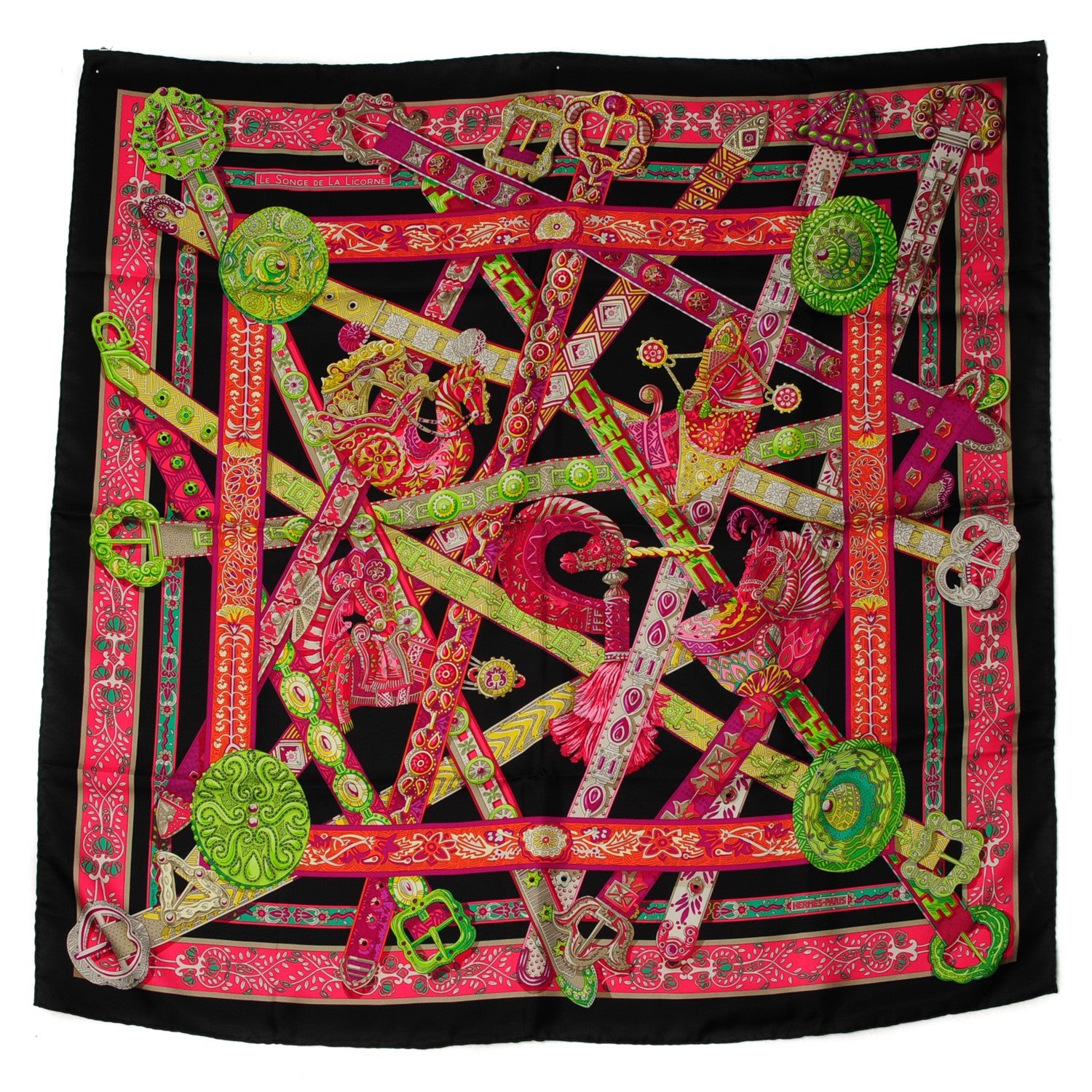 Hermes Silk Le Songe De La Licorne Scarf 90 Black Fuchsia Vert Fluo 2 of 6