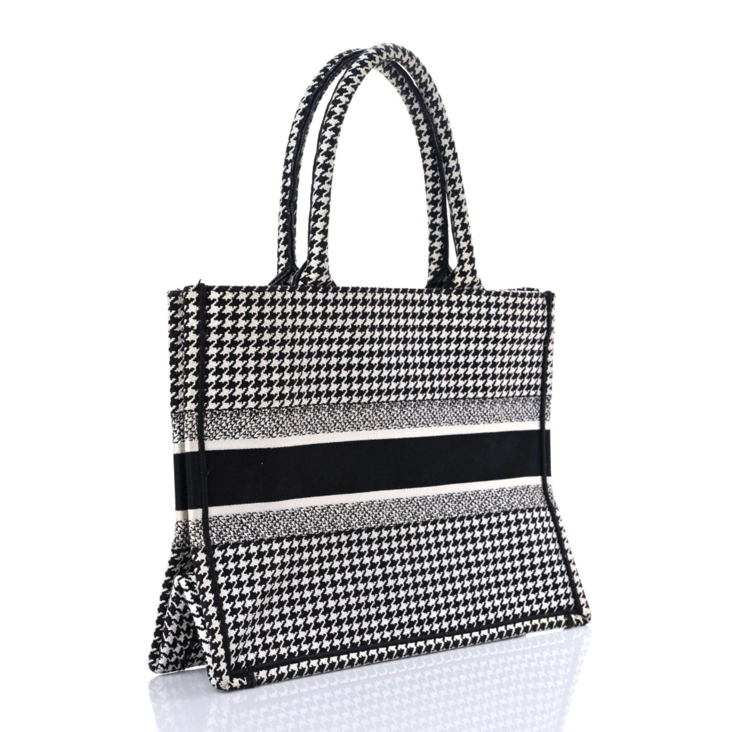 Canvas Houndstooth Embroidered Medium Book Tote Black White