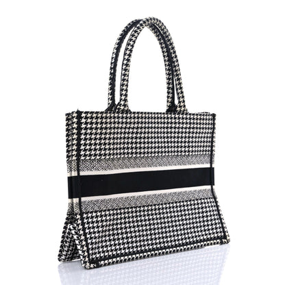 Christian Dior Canvas Houndstooth Embroidered Medium Book Tote Black White 2 of 13