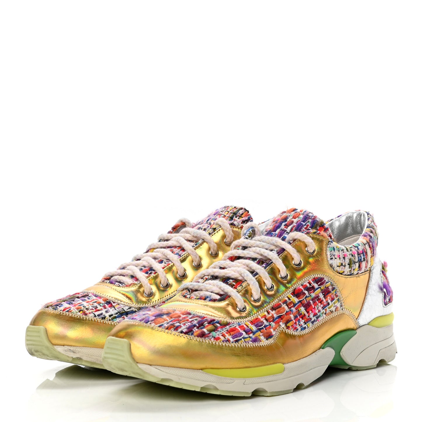 Tweed Lambskin Runway Sneakers 39 Silver Multicolor