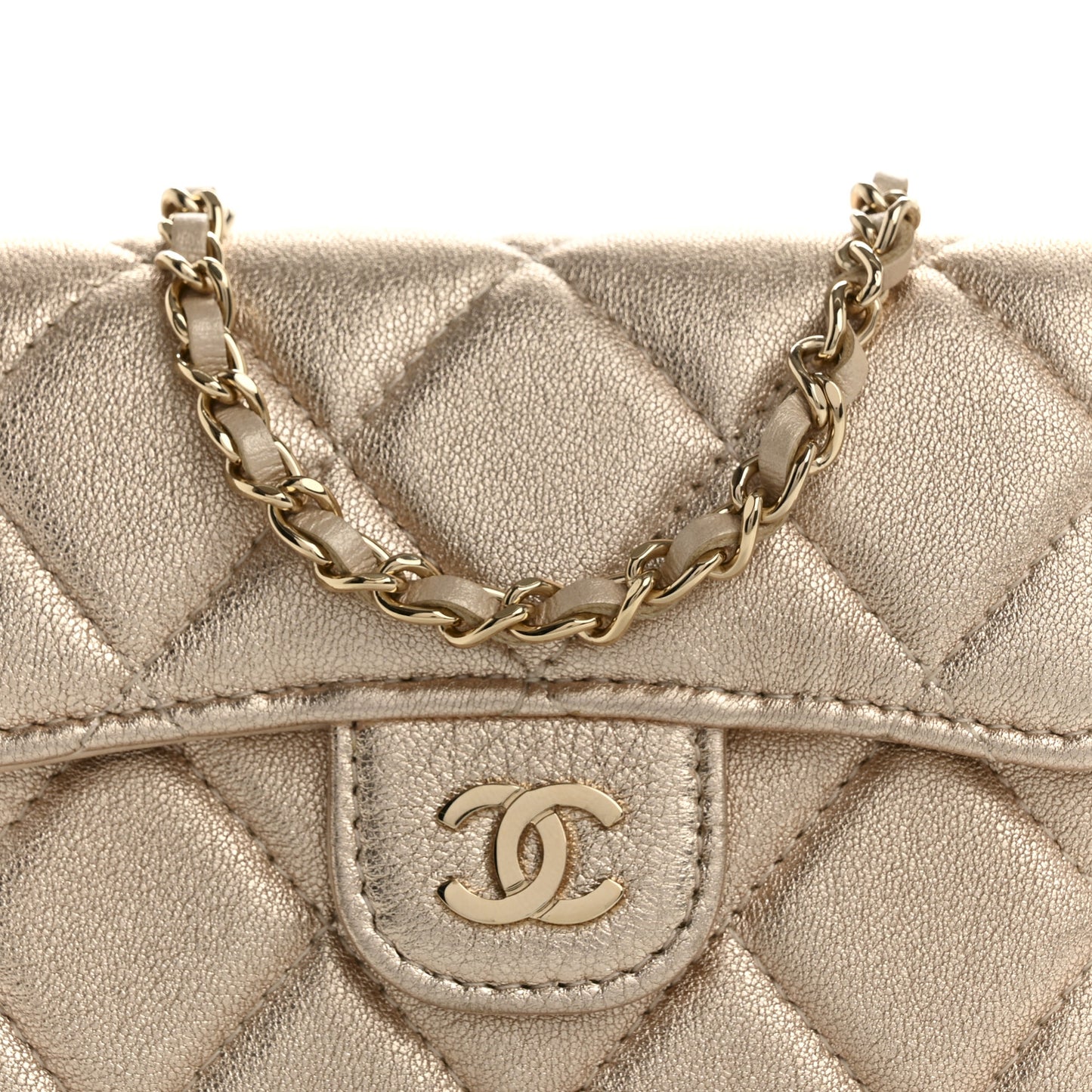 Metallic Lambskin Quilted Flap Card Holder On Chain Gold