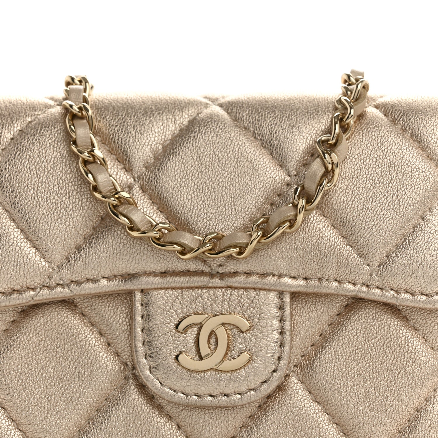 Chanel Metallic Lambskin Quilted Flap Card Holder On Chain Gold 9 of 11