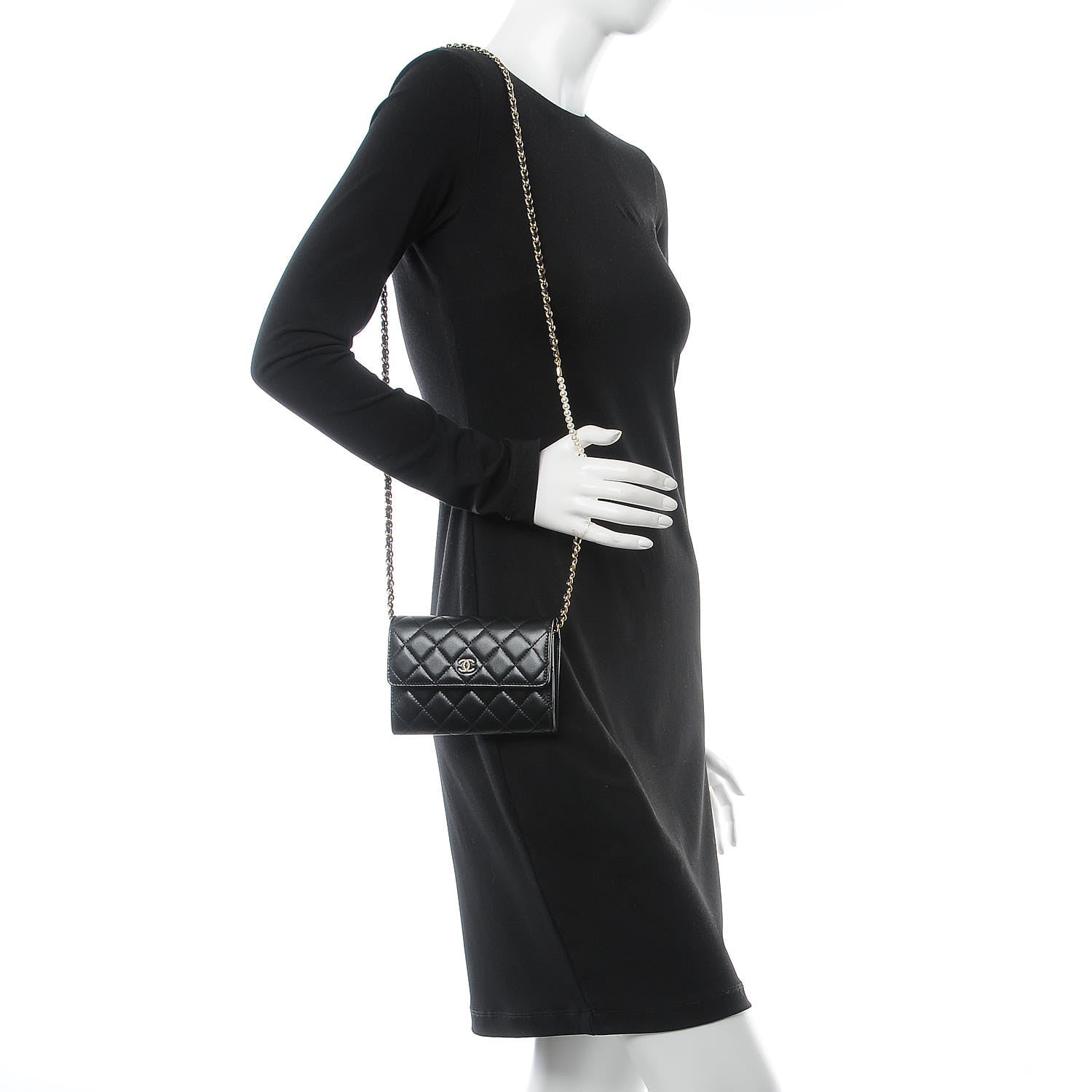 Chanel Lambskin Quilted Small Clutch With Pearl Chain Black 2 of 9
