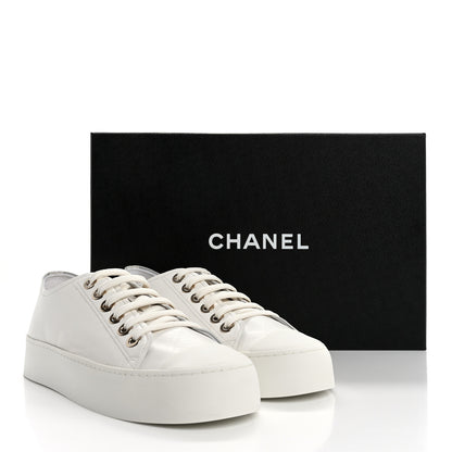 Chanel Lambskin Printed Logo Sneakers 37 White 10 of 10