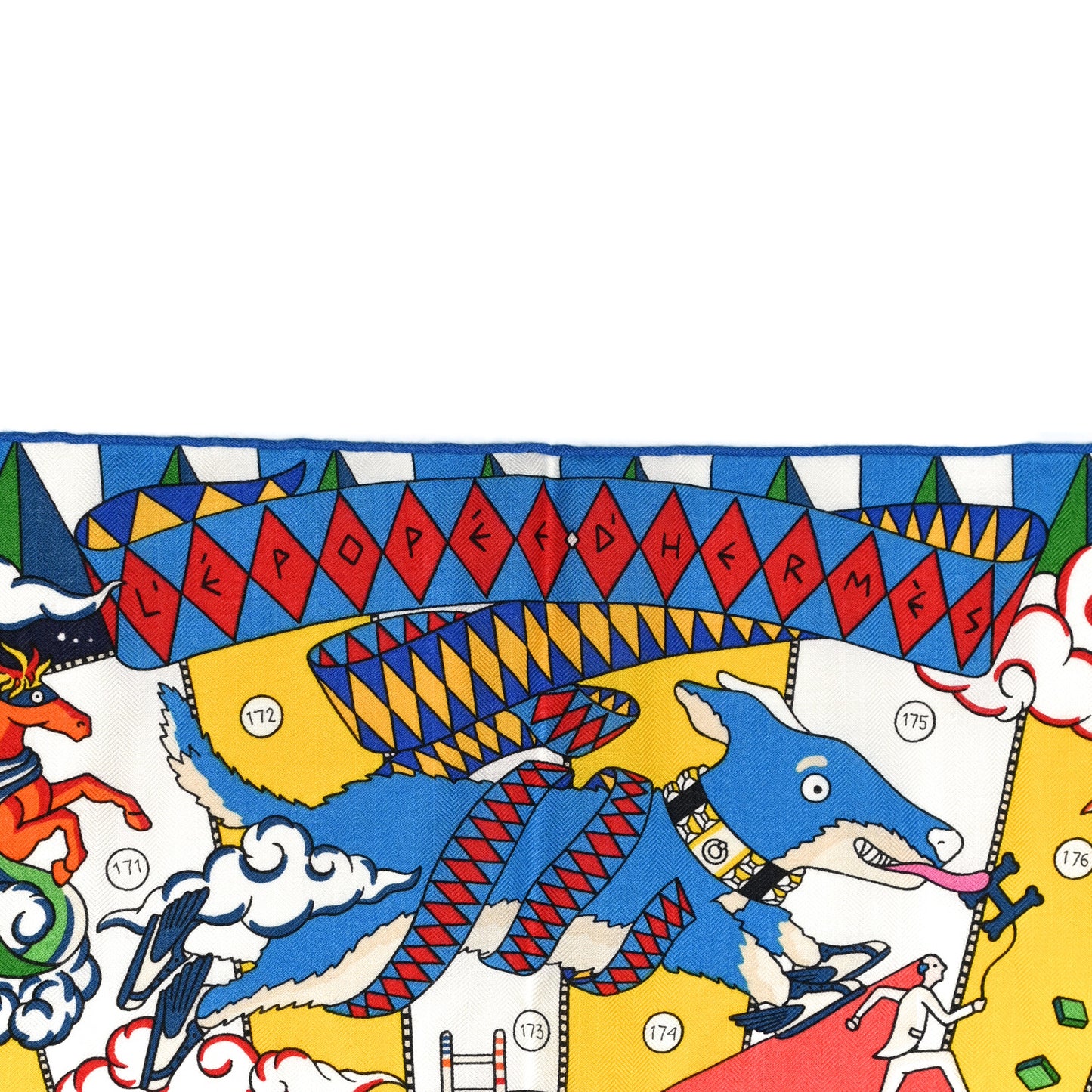 Cashmere Silk L'Epopee D'Hermes Shawl 140 Bleu Jaune Multicolore